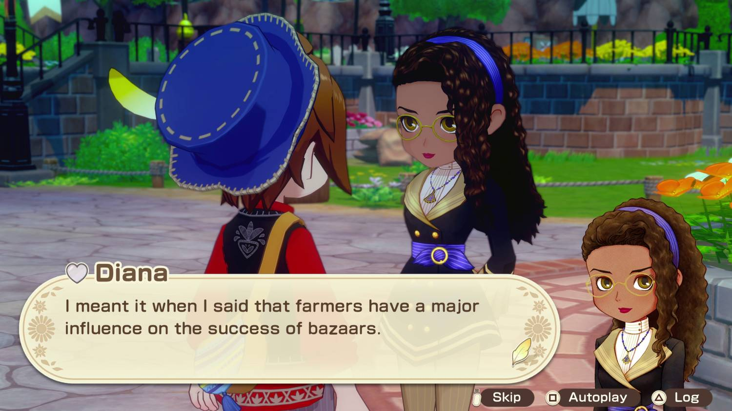 Dos personajes en un juego, uno con sombrero azul, conversan al aire libre.