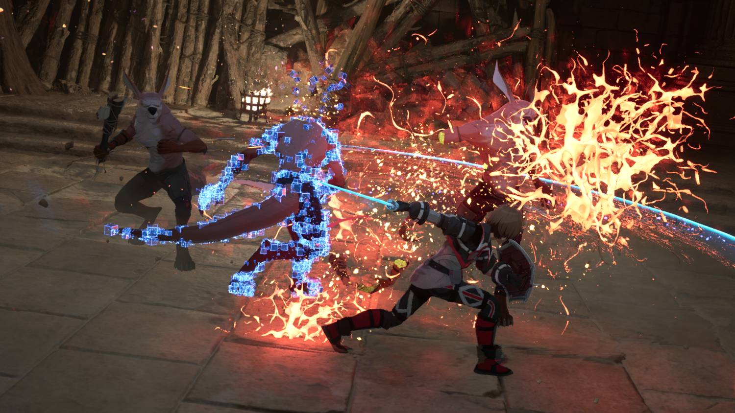 Personajes luchan en una arena rocosa con efectos de fuego y energía.