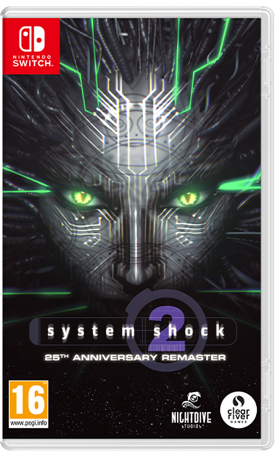 Arte de portada de System Shock 2 Remaster para Nintendo Switch con cabeza de gato cibernética.
