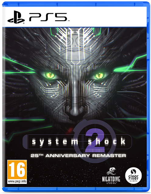 Portada del juego PS5 System Shock 2 Remaster, con rostro cibernético y ojos verdes.