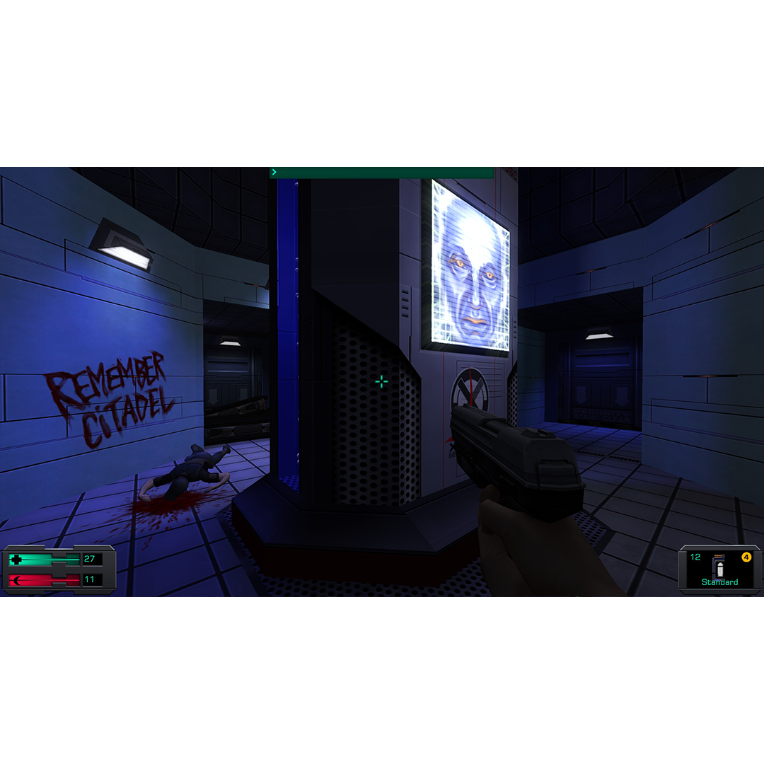 Escena de un juego de disparos en primera persona. Un cuerpo yace en sangre. 'Remember Citadel' está escrito en la pared.