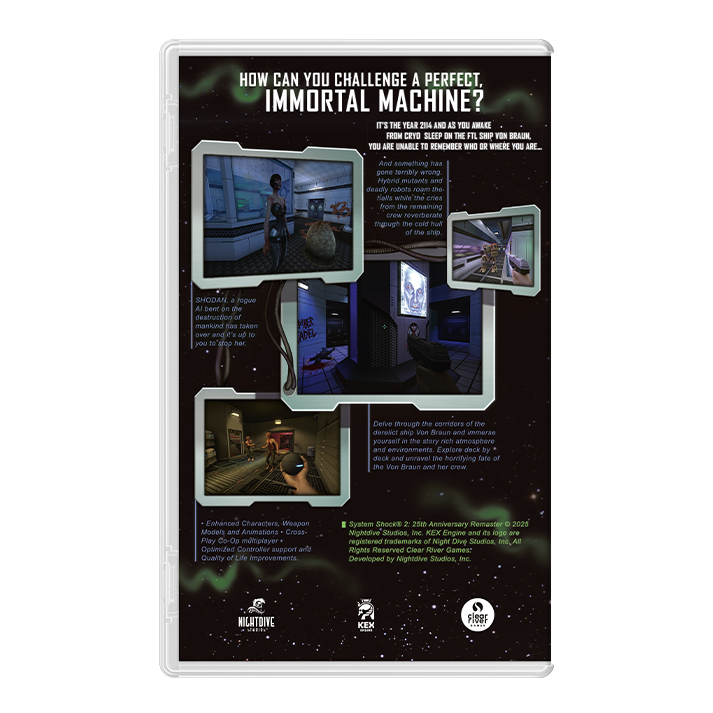 Portada de videojuego con escenas de juego y texto sobre el desafío de una máquina inmortal.