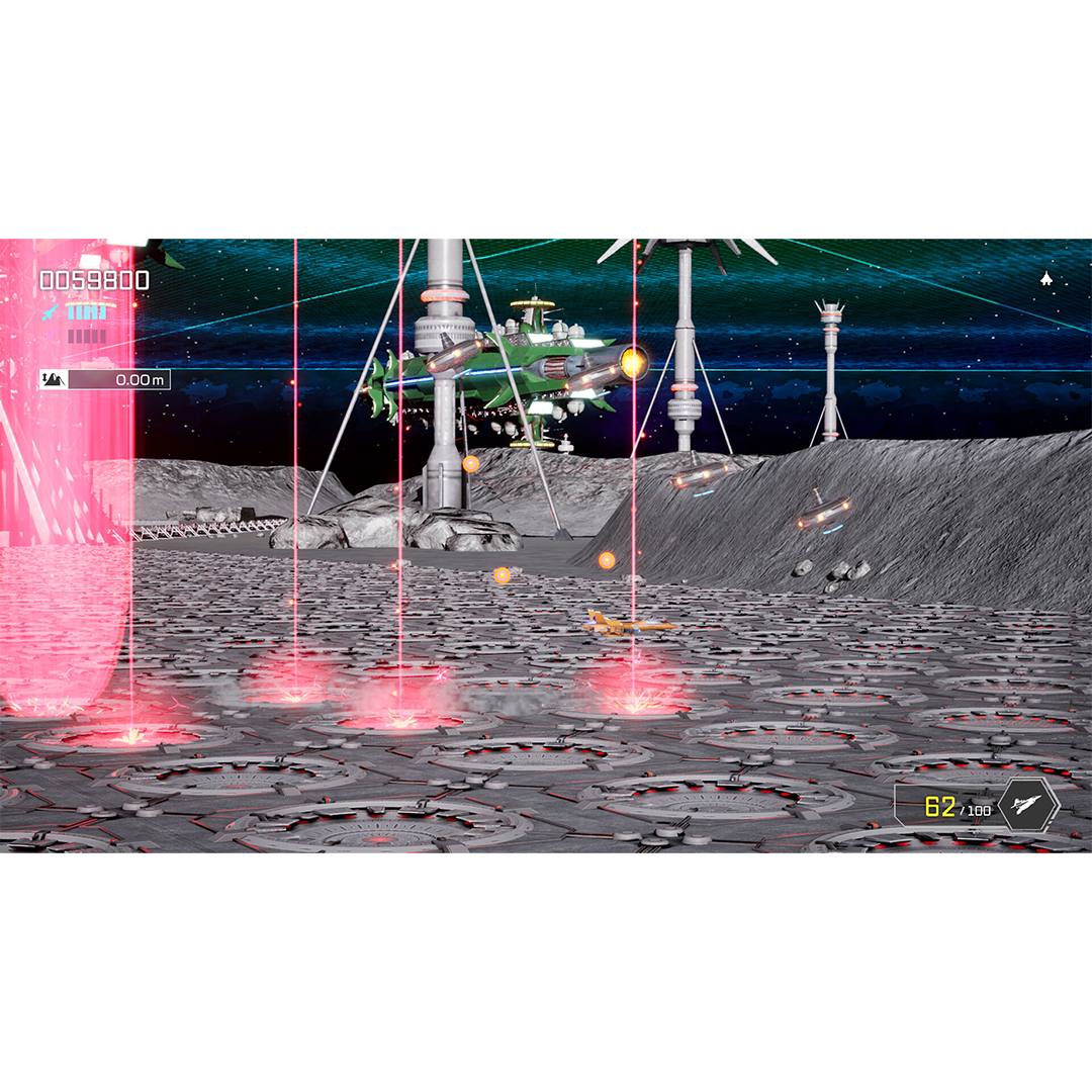 Una base lunar futurista con naves espaciales y rayos láser rojos.