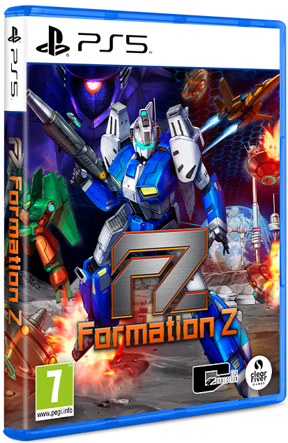 Funda del juego Formation Z PS5 con un mecha azul que sostiene un arma y naves espaciales.