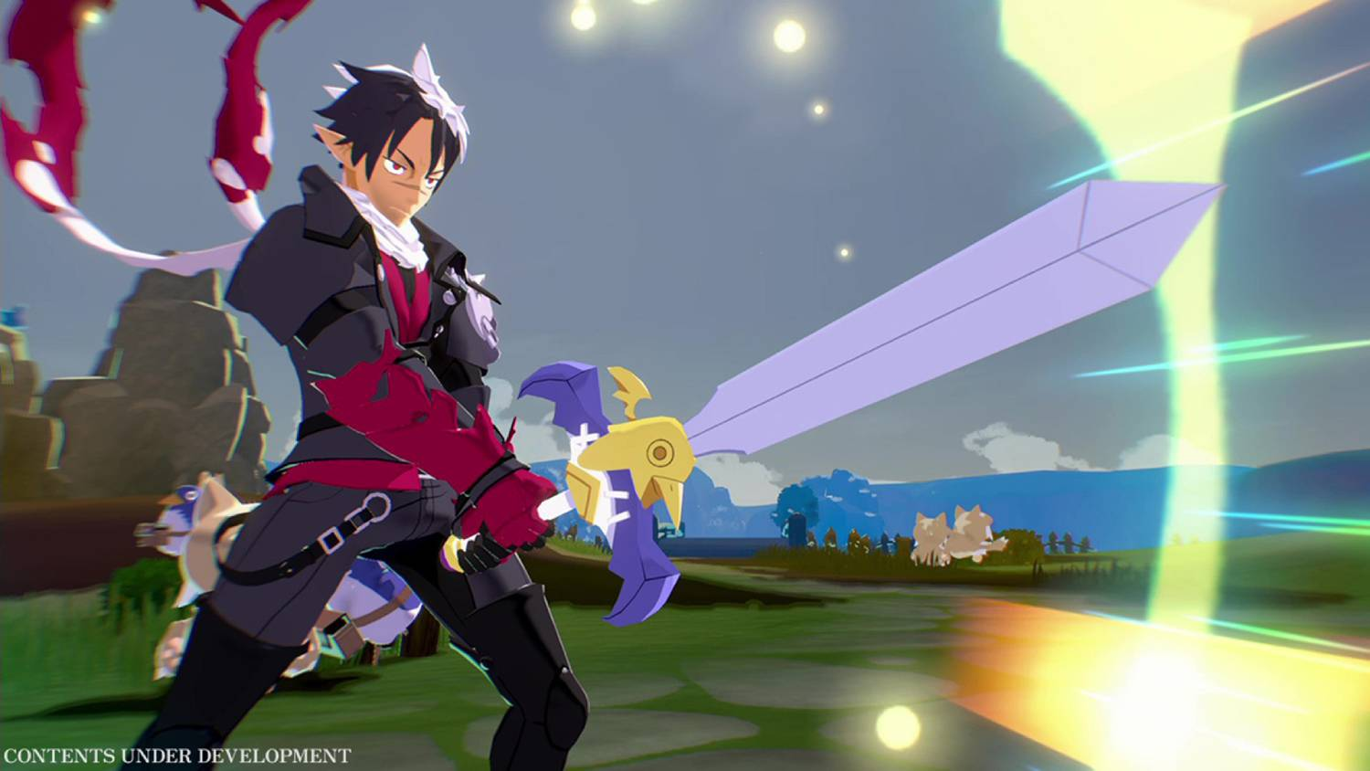 Un personaje de anime con espada se para en un campo. Un rayo de luz brilla desde arriba.