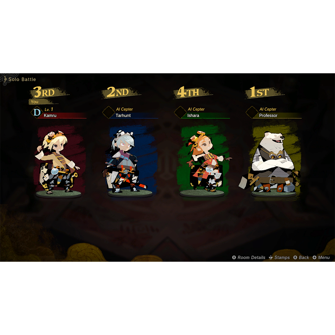 Pantalla de Batalla Solo muestra 4 personajes: Tú (3º), Tarhunt (2º), Ishara (4º), Profesor (1º).