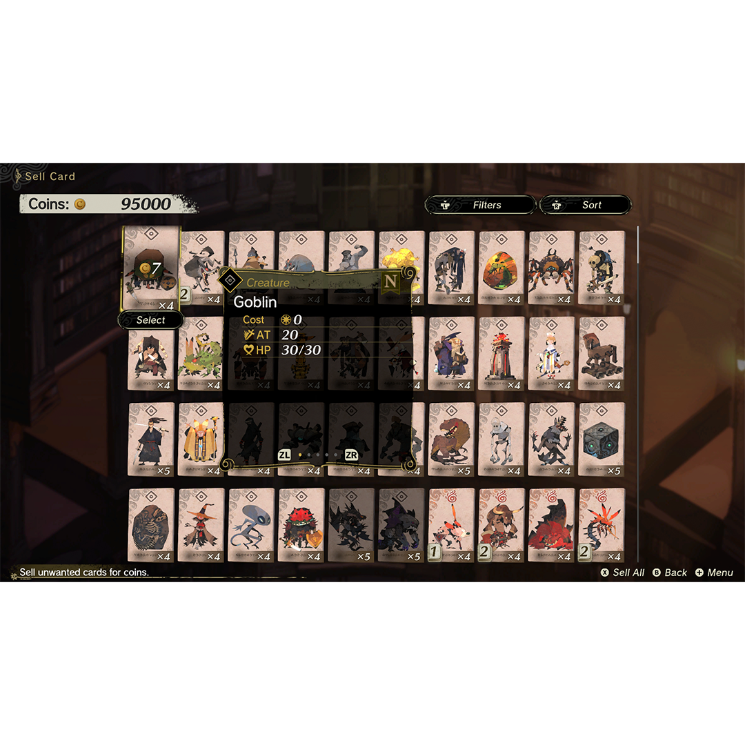 Pantalla de inventario de cartas con carta de Goblin seleccionada, 95000 monedas.