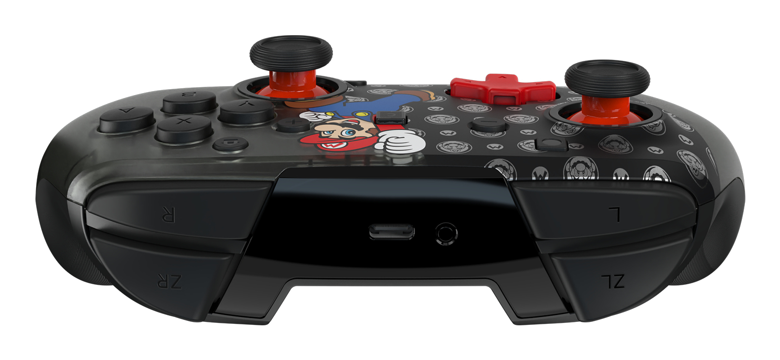 Controlador negro con diseño de Mario, acentos rojos y joysticks negros.