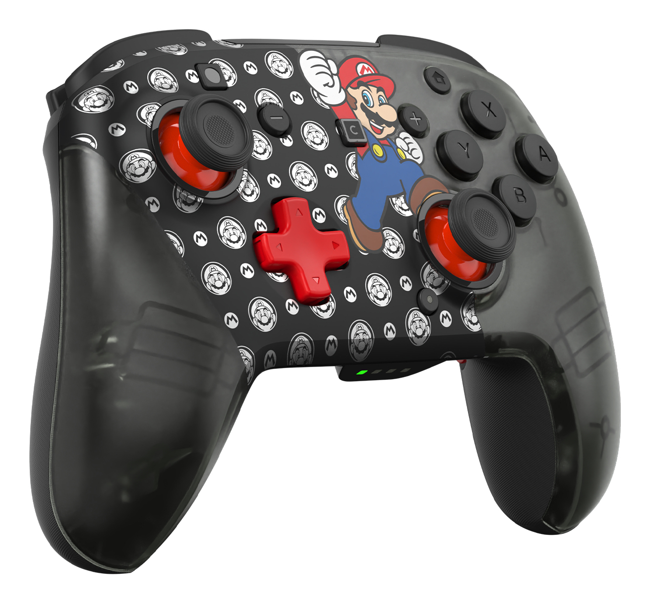 Mando de juego negro con motivo de Mario y acentos rojos.