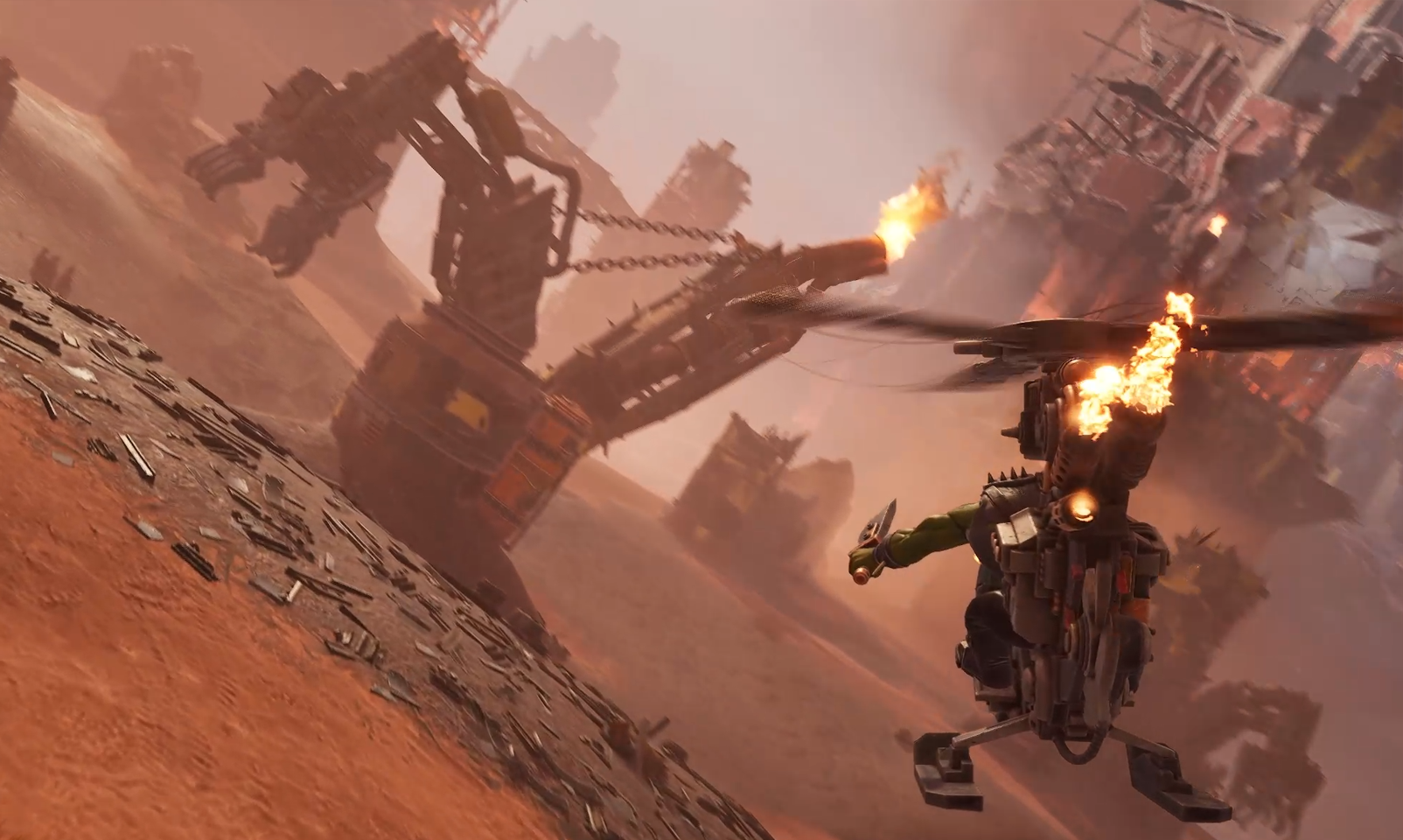 Un helicóptero Ork vuela sobre un paisaje destruido con escombros.