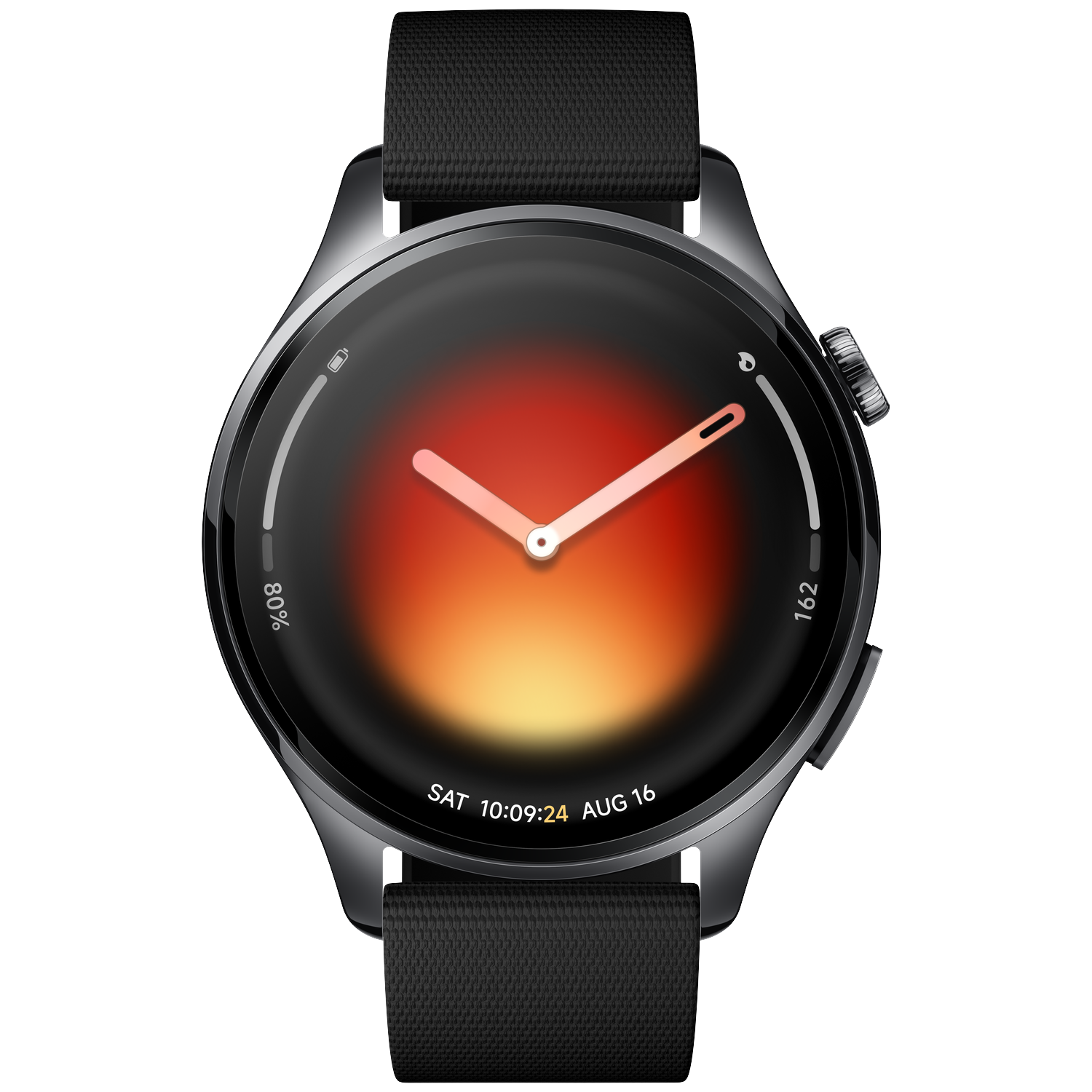 Black smartwatch with round dial, red gradient, date and time display.