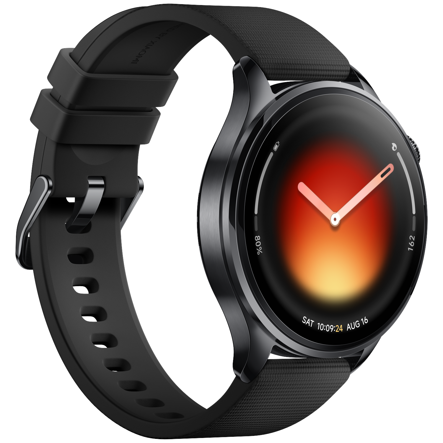 Black smartwatch with a dark, red-gradient display showing 80% and 162.
