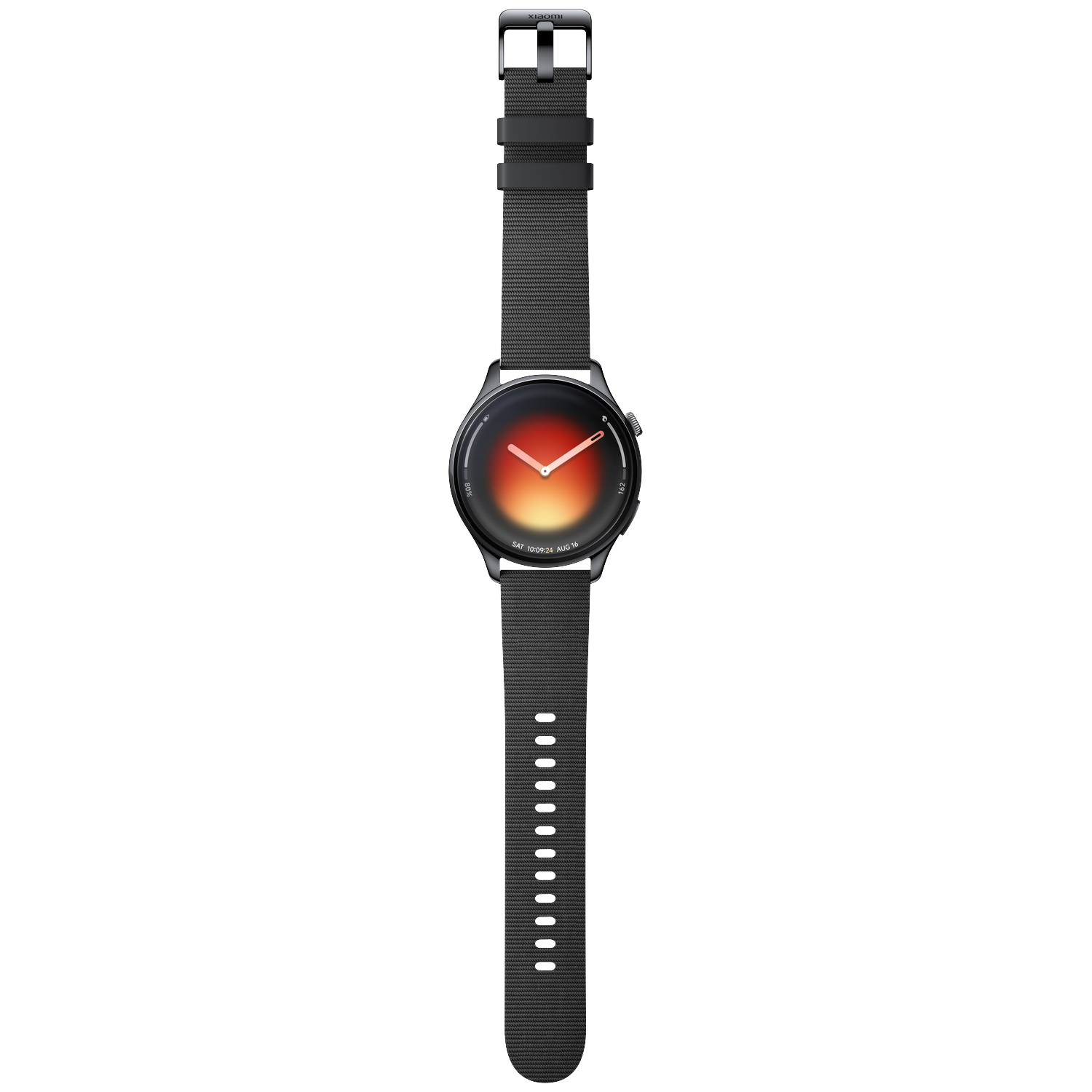 Black smartwatch with a round dial displaying a red and yellow gradient