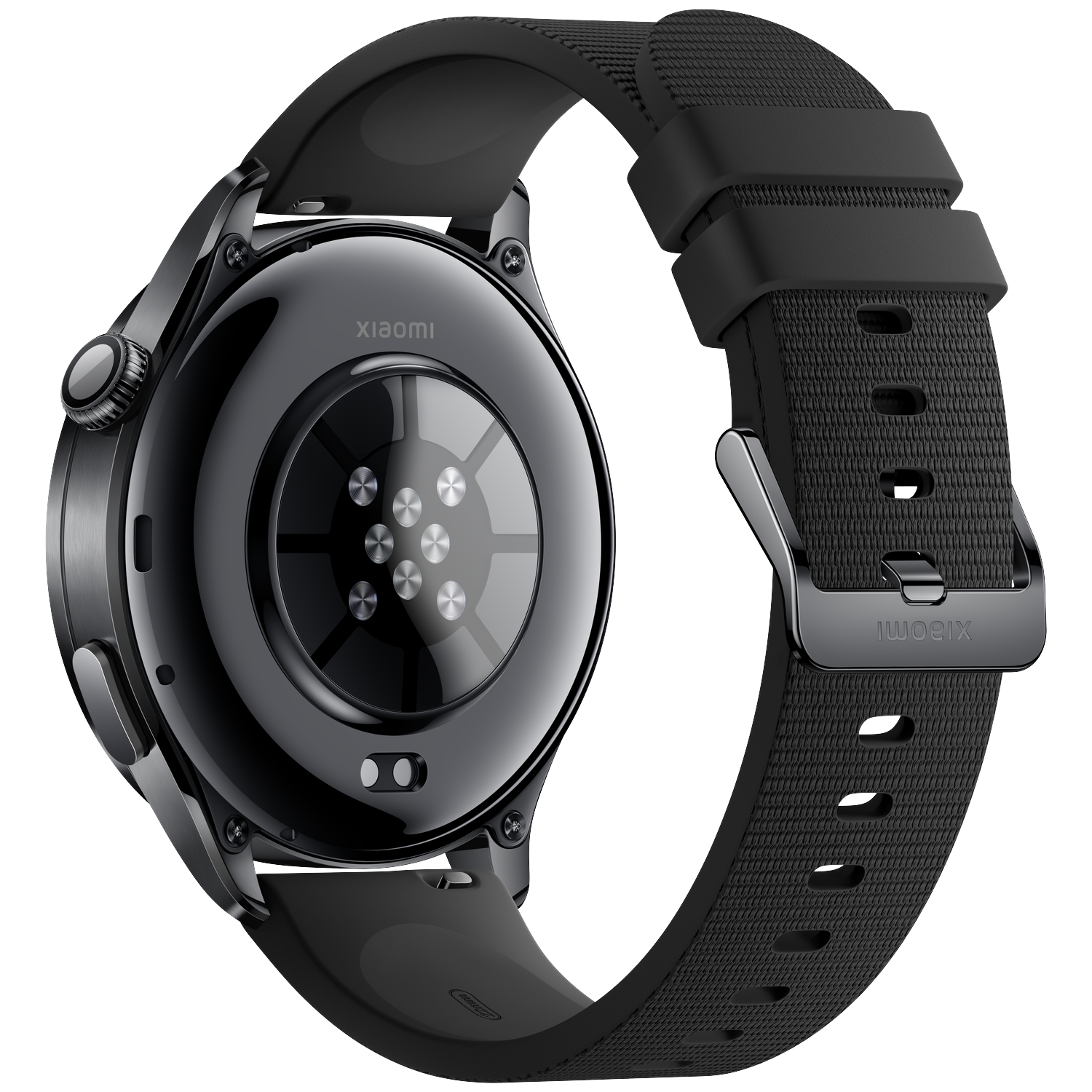 Back of a black smartwatch with bezel and band. Sensors visible.
