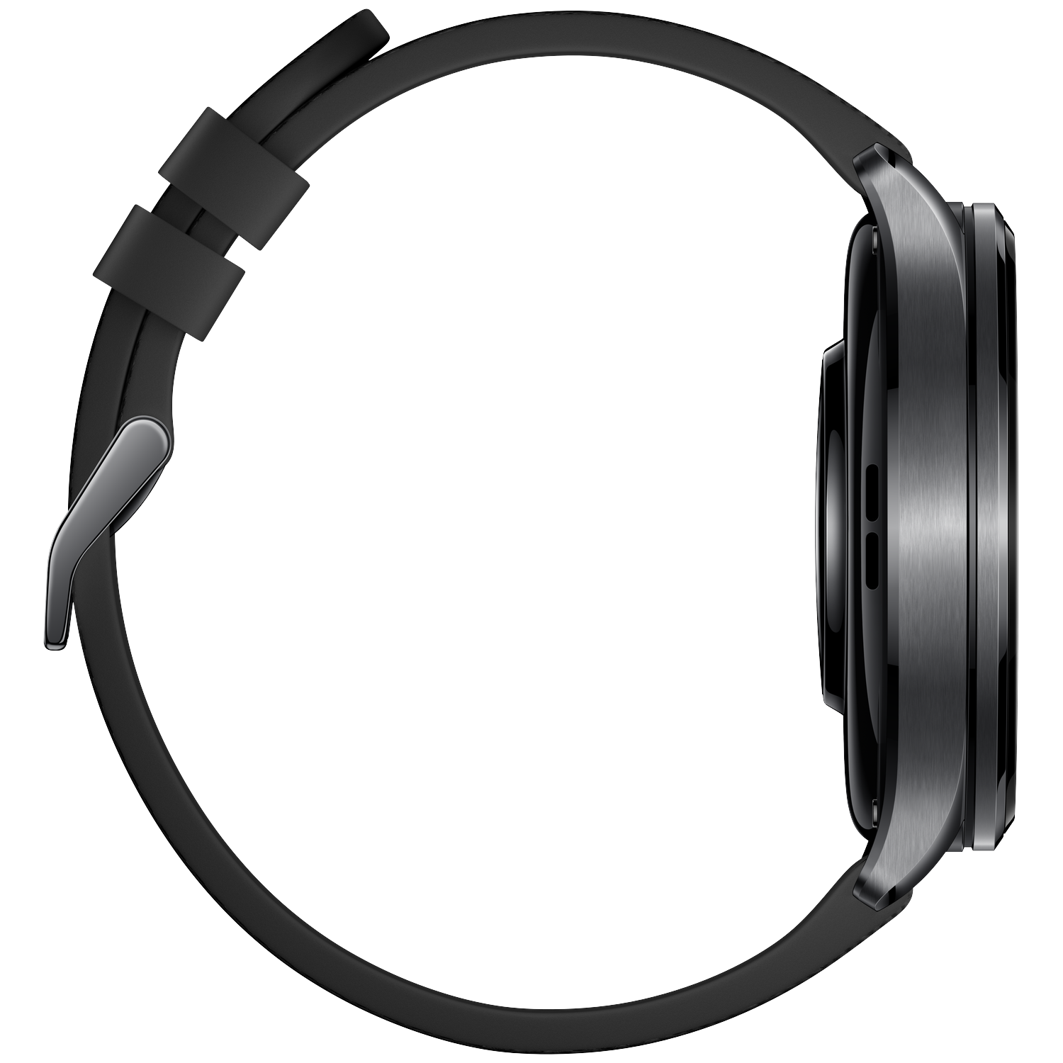A black smartwatch with a metal casing and a rubber strap.