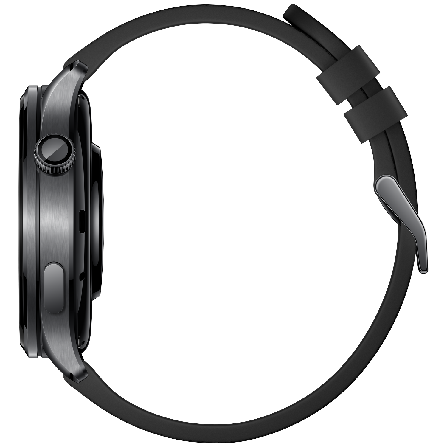 Gray smartwatch with black strap, side view.