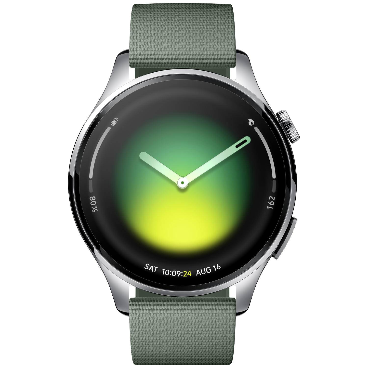 Silver smartwatch with green band and dial. Shows 80% battery, 162 steps, Sat 10:09:24 Aug 16.