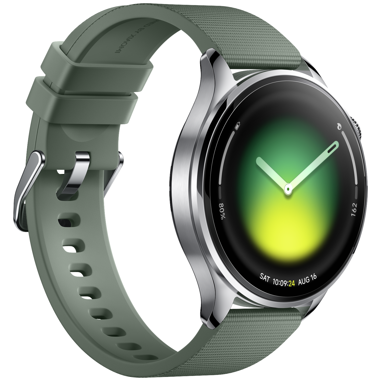 A green smartwatch with a silver case and a glowing watch face.