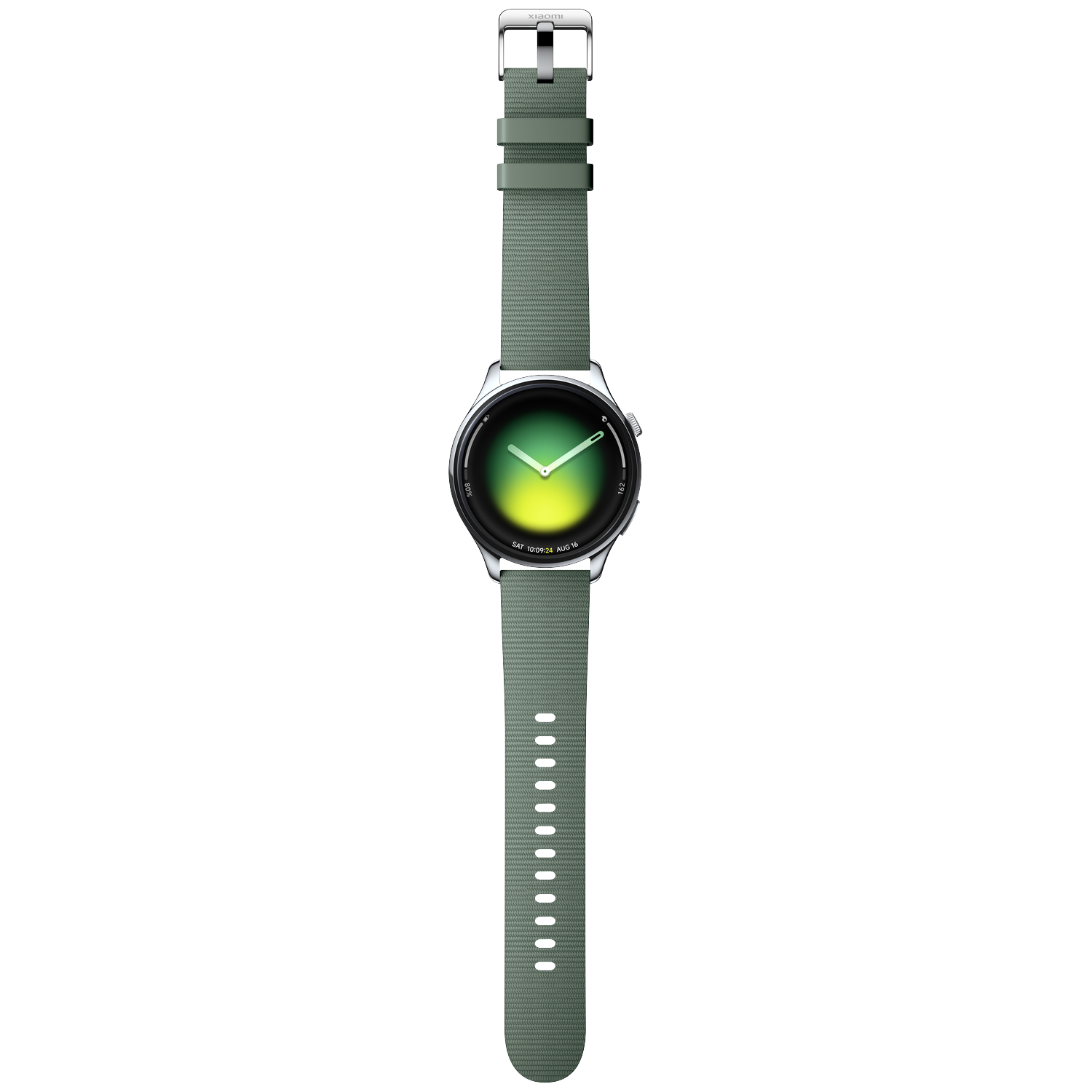 A green smartwatch with a silver case and a digital display.