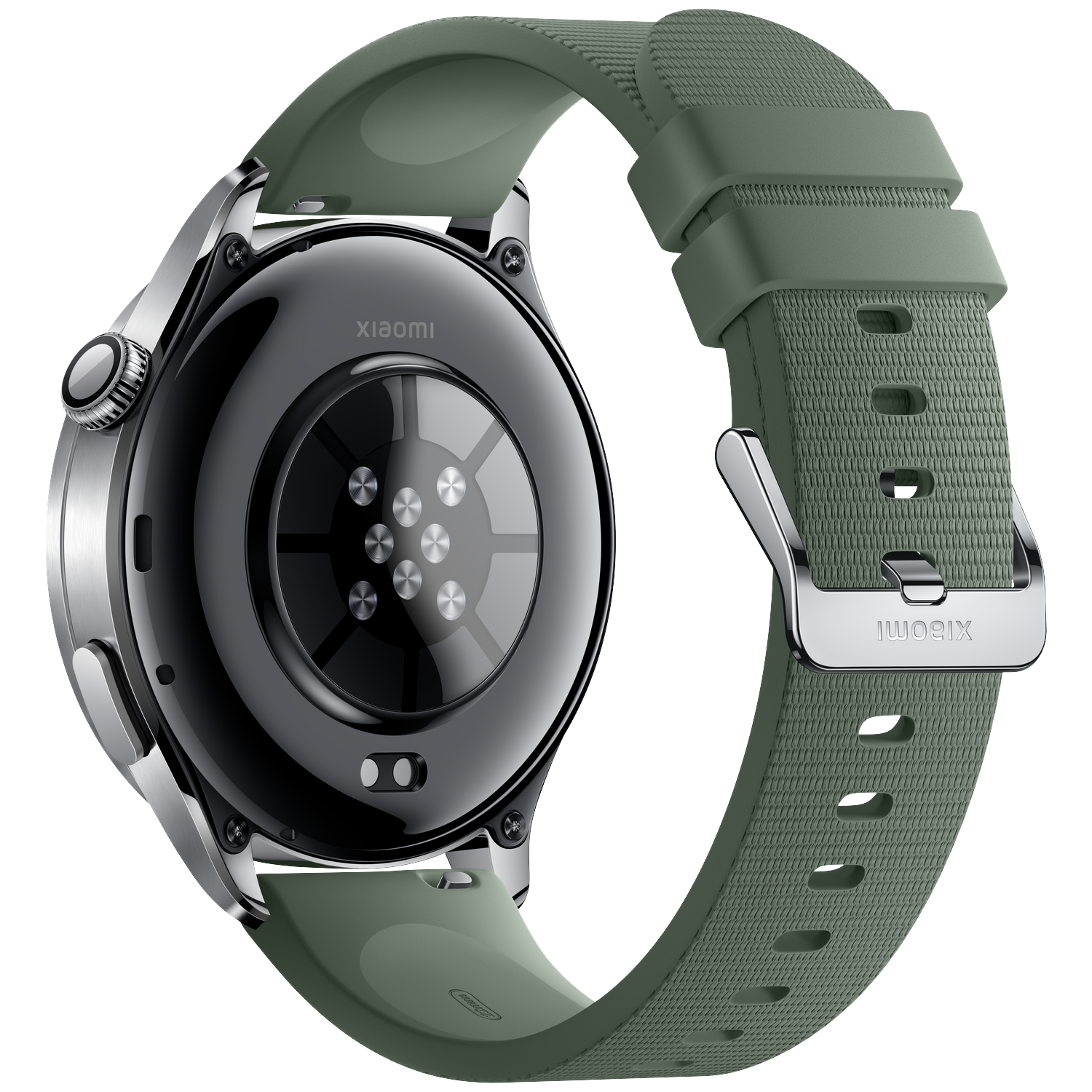 Back view of a green smartwatch with a silver case and strap.