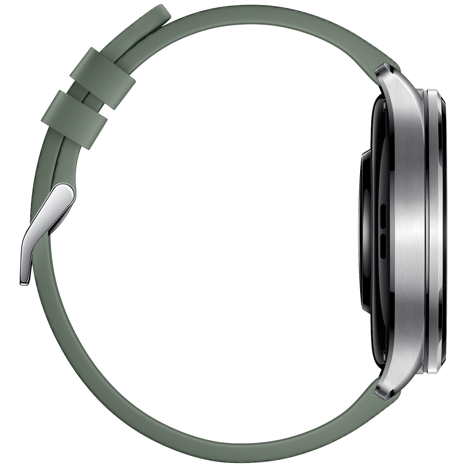 A gray smartwatch with a silver casing and silicone band, seen from the side.