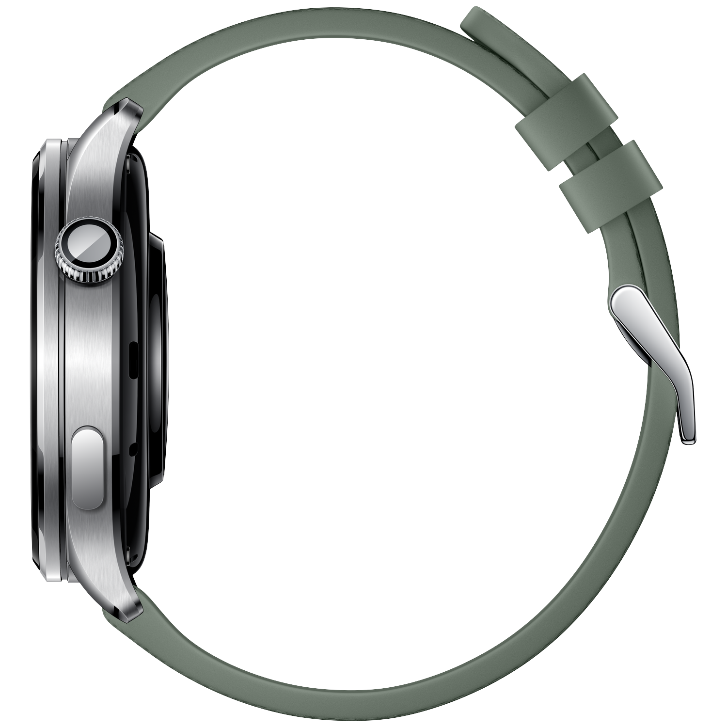 Gray smartwatch with silver case and crown, shown from the side.