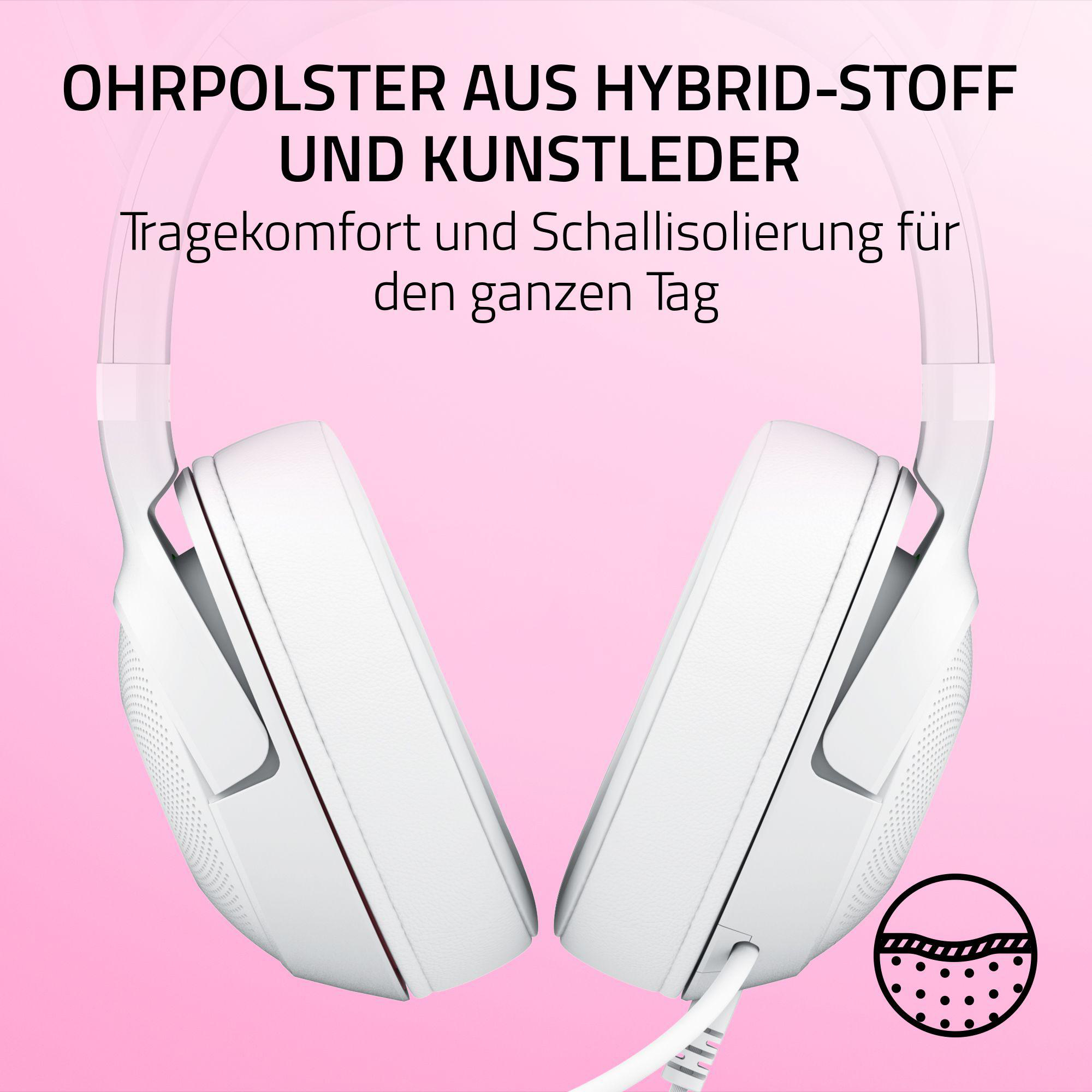 Weiße Kopfhörer mit Kunstleder-Ohrpolstern auf rosa Hintergrund.