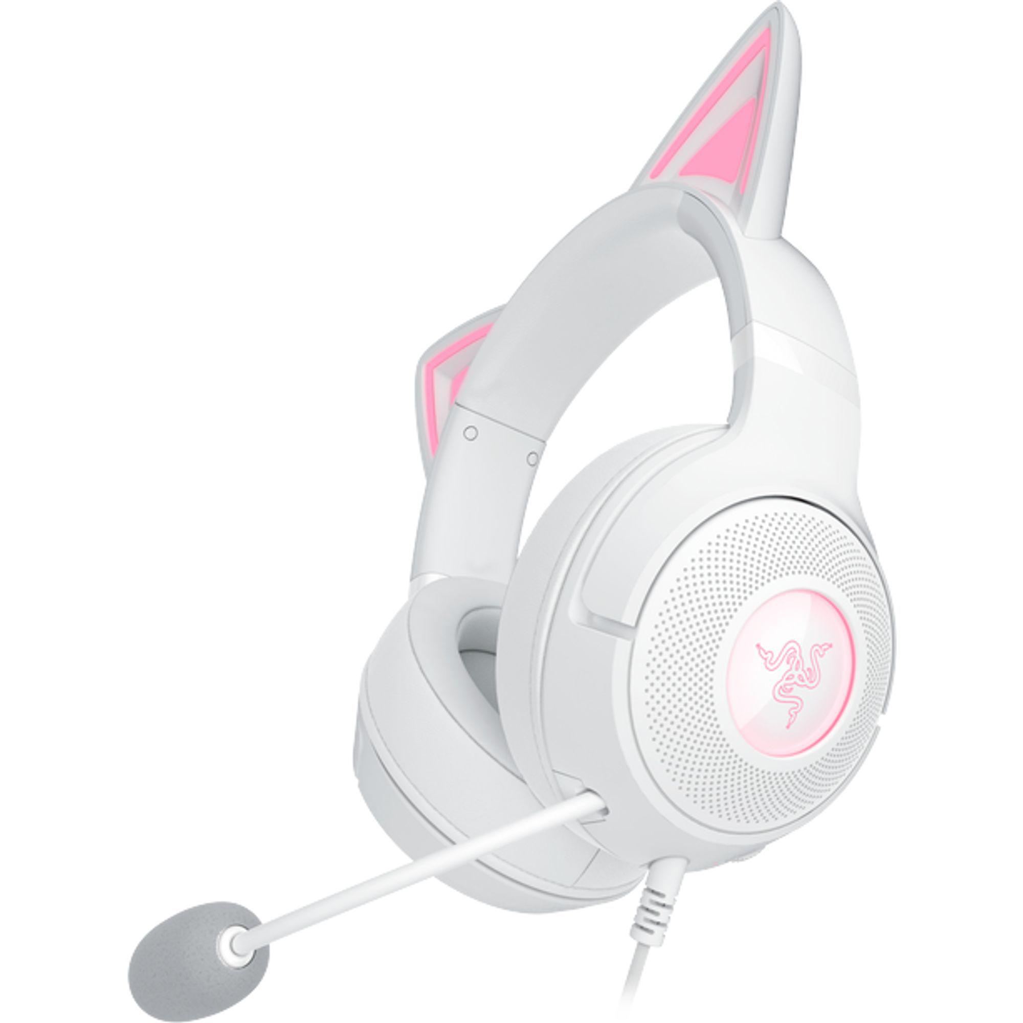 Ein weißes Headset mit Katzenohren und pinker Beleuchtung, Mikrofon.