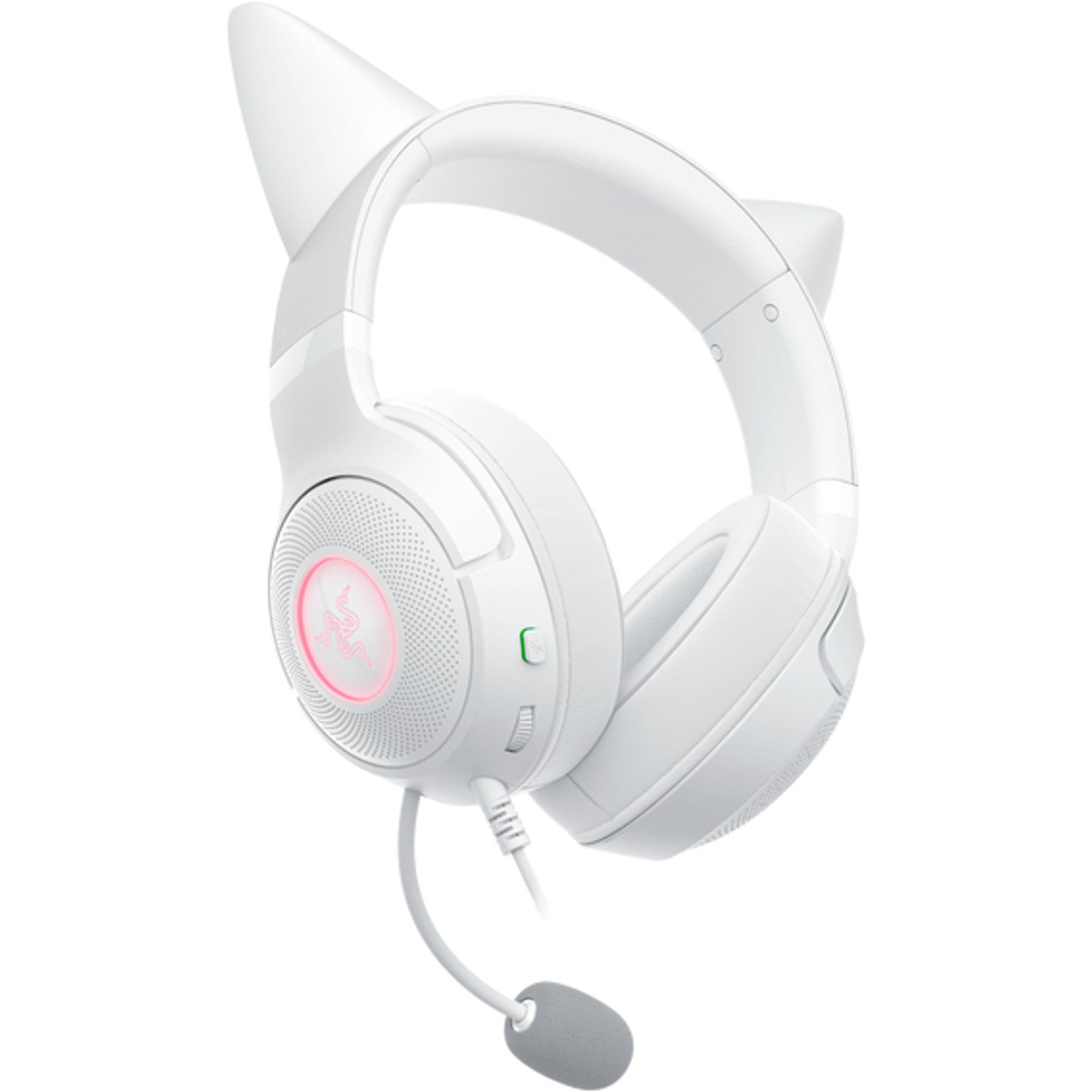 Weiße Gaming-Kopfhörer mit Katzenohren, Mikrofon und pink leuchtendem Logo.
