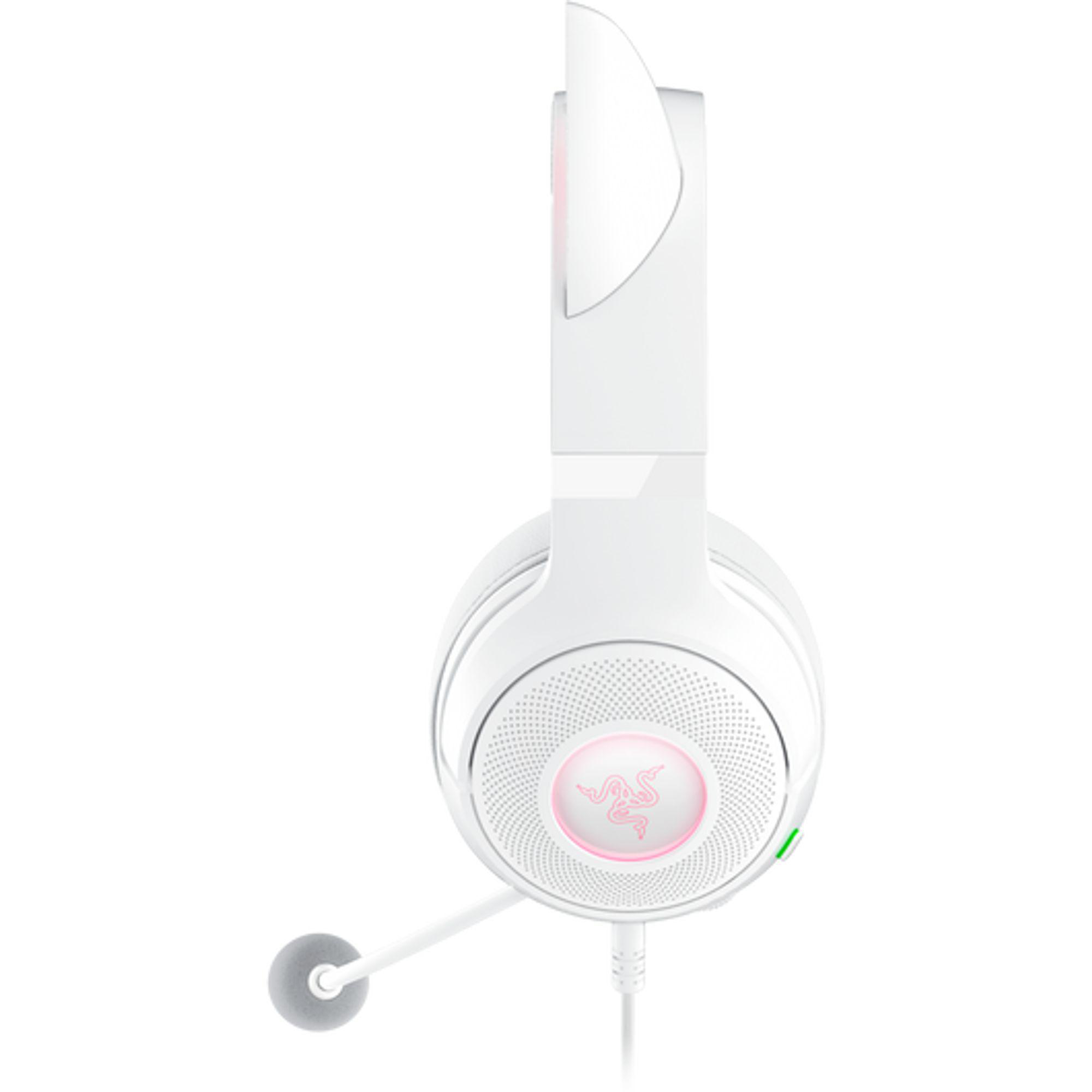 Weißes Headset mit Mikrofon und leuchtendem Logo.