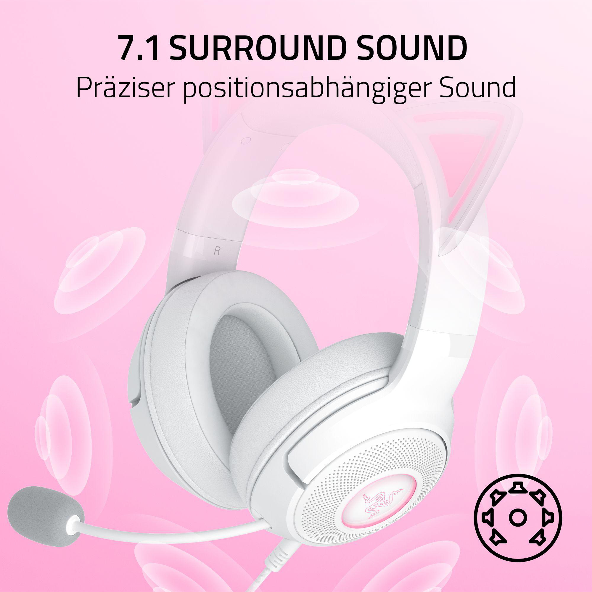 Weißes Headset mit Mikrofon vor rosa Hintergrund mit Soundwellen-Symbolen.