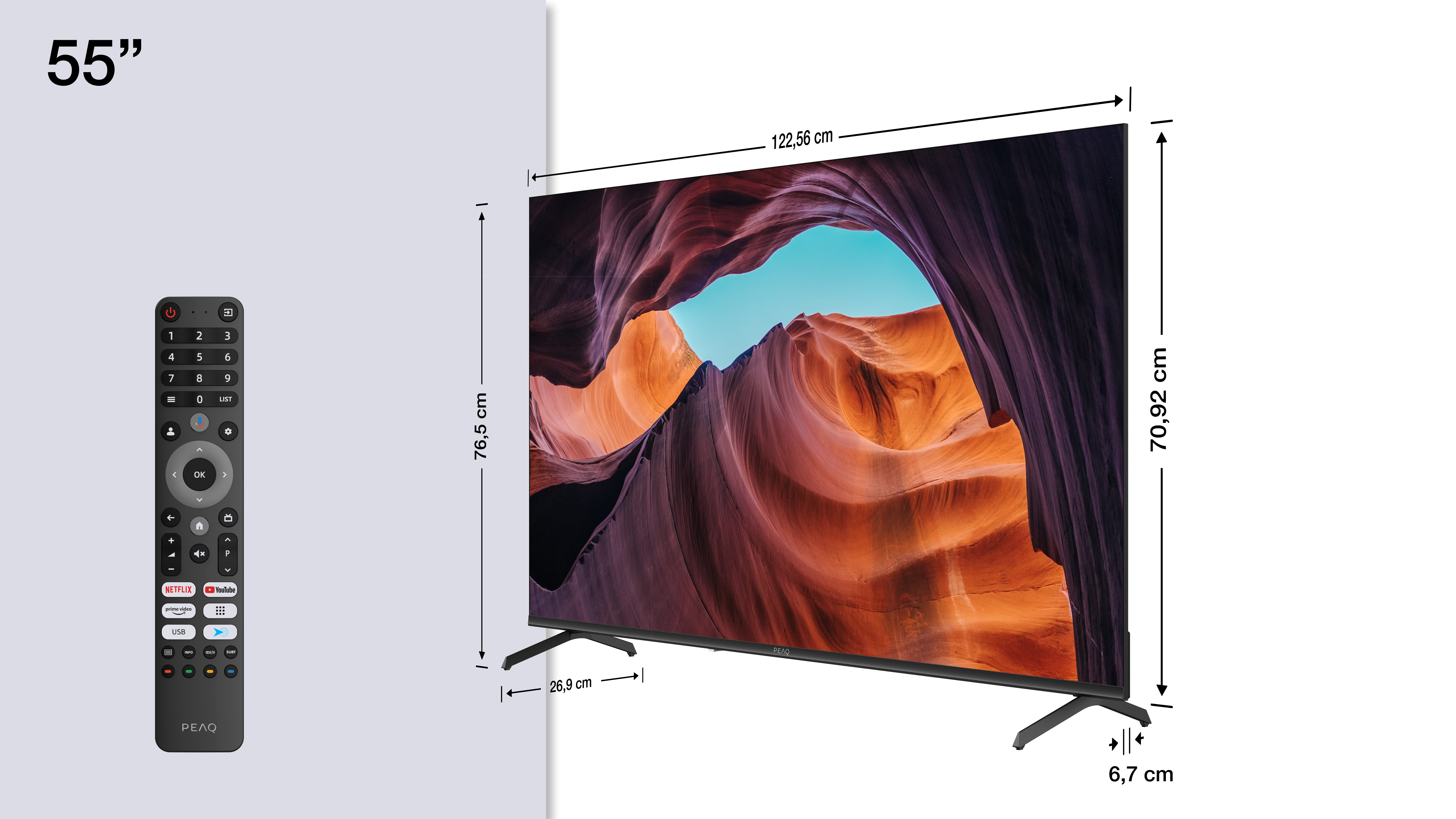 Telewizor 55-calowy wyświetlający Antelope Canyon z pilotem. Wymiary pokazane.