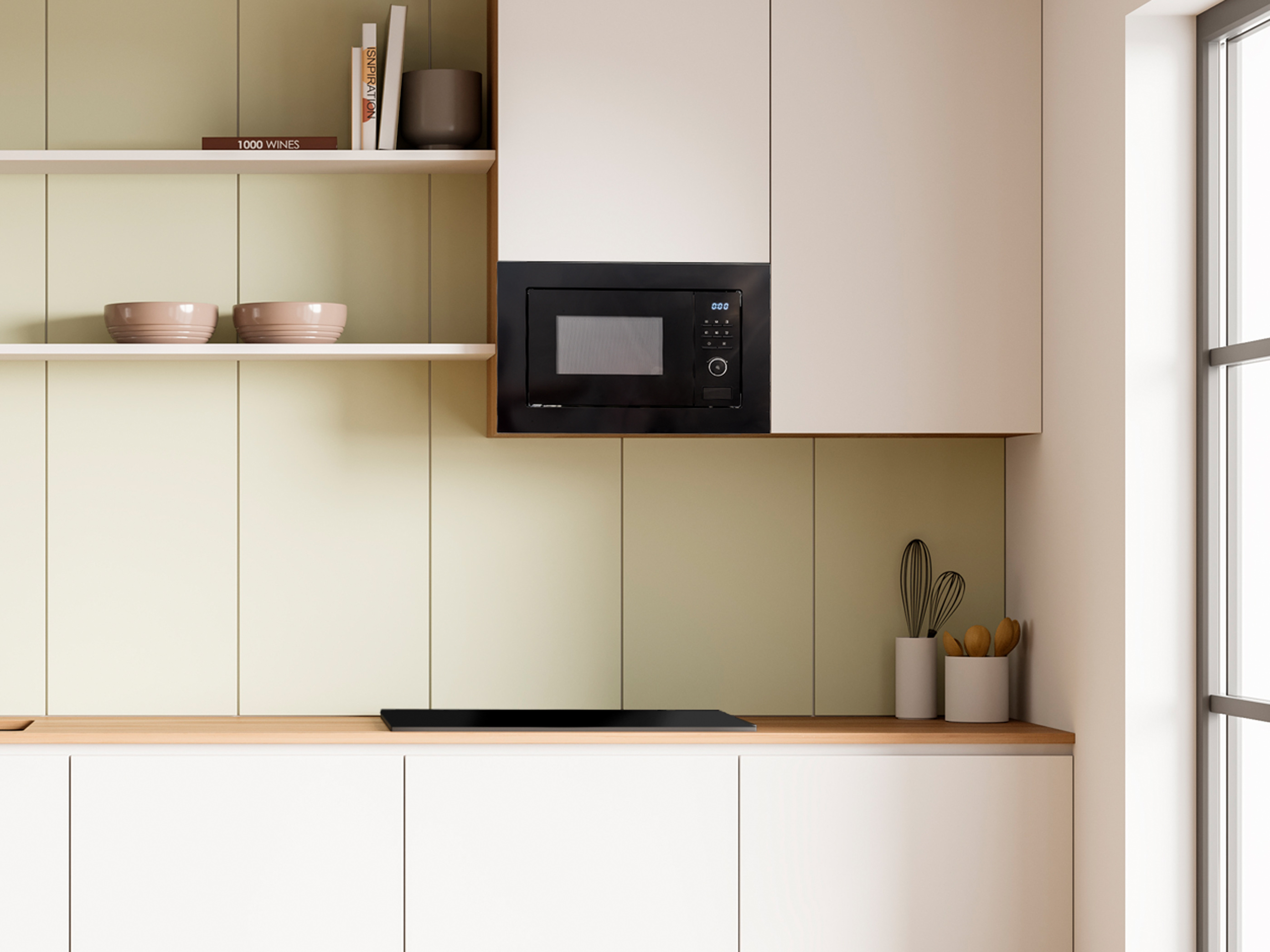 Nowoczesna kuchnia z wbudowaną mikrofalówką, drewnianymi blatami i półką z dekoracjami.