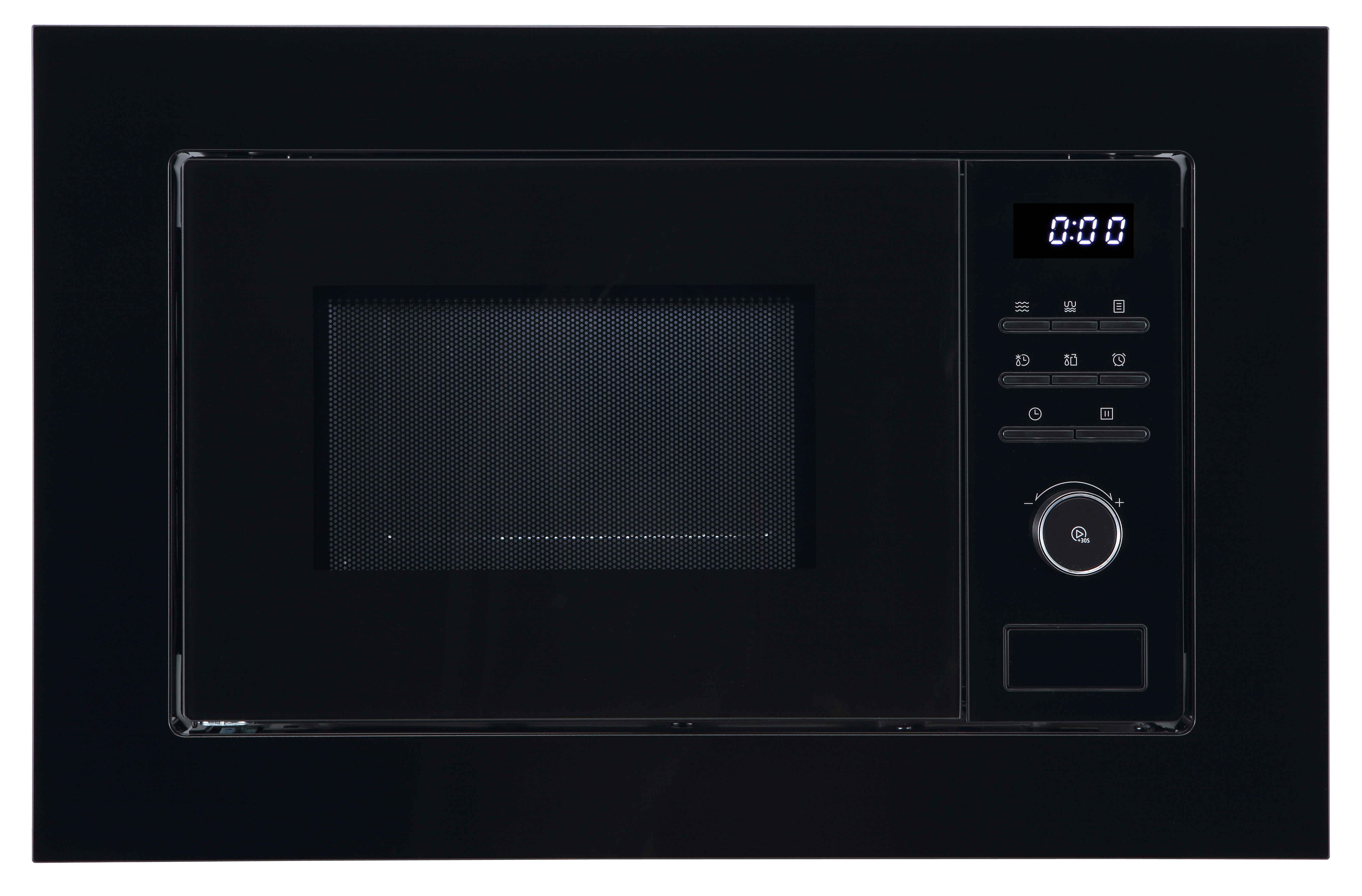 Czarna kuchenka mikrofalowa do zabudowy z cyfrowym wyświetlaczem.