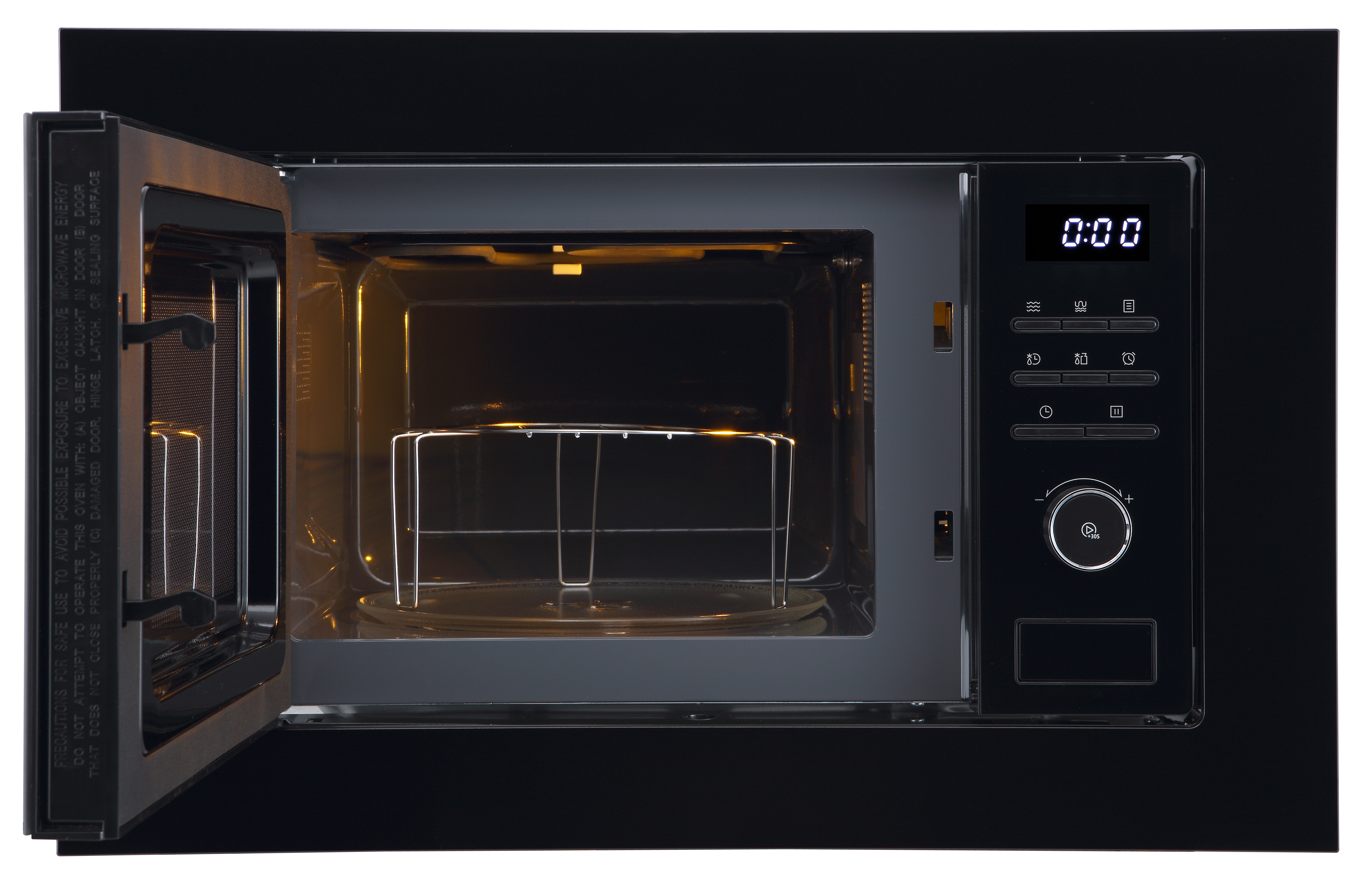 Otwarty czarny piekarnik mikrofalowy z rusztem wewnątrz i cyfrowym wyświetlaczem.