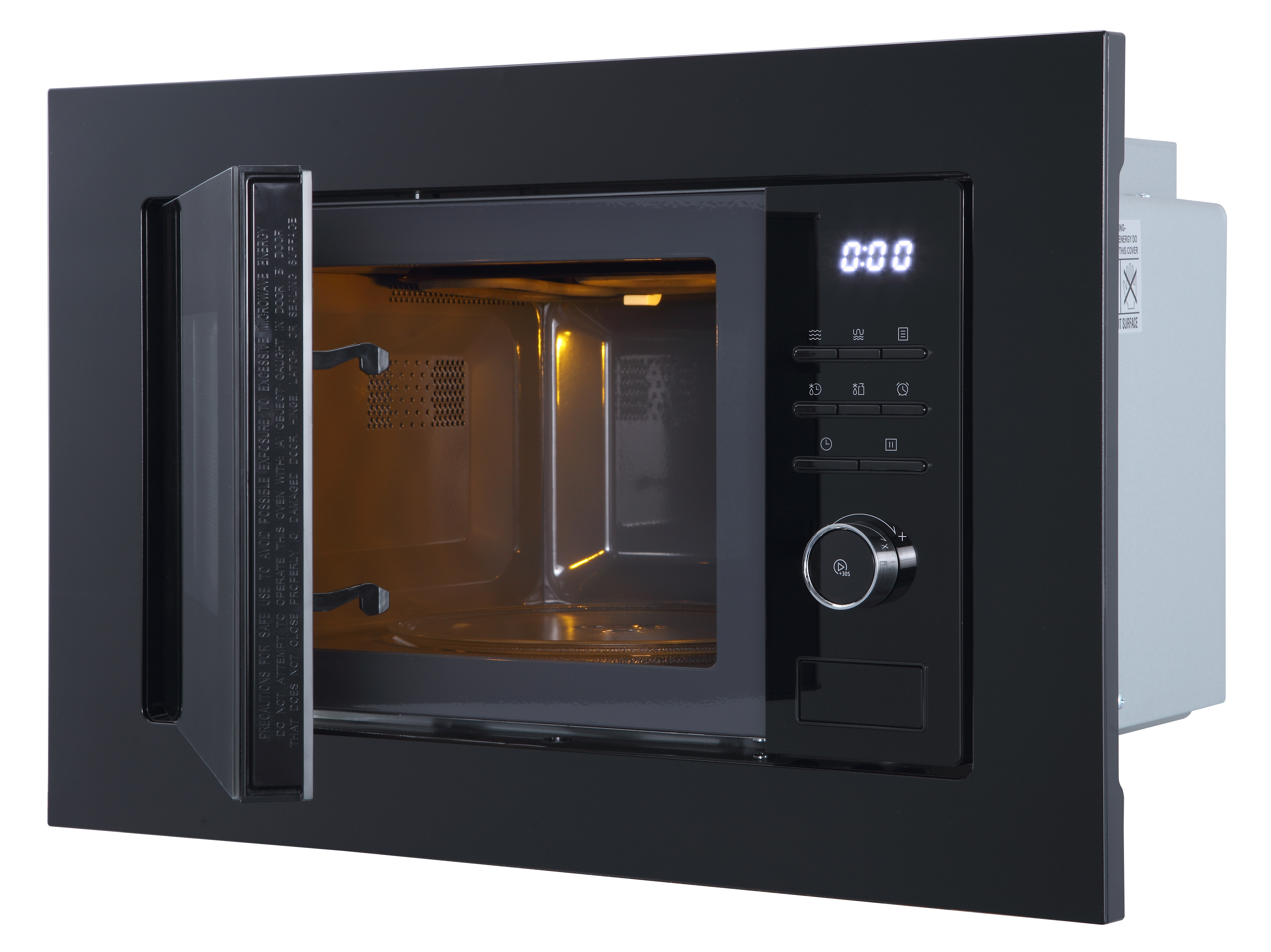 Wbudowana czarna kuchenka mikrofalowa z otwartymi drzwiami, oświetlone wnętrze.