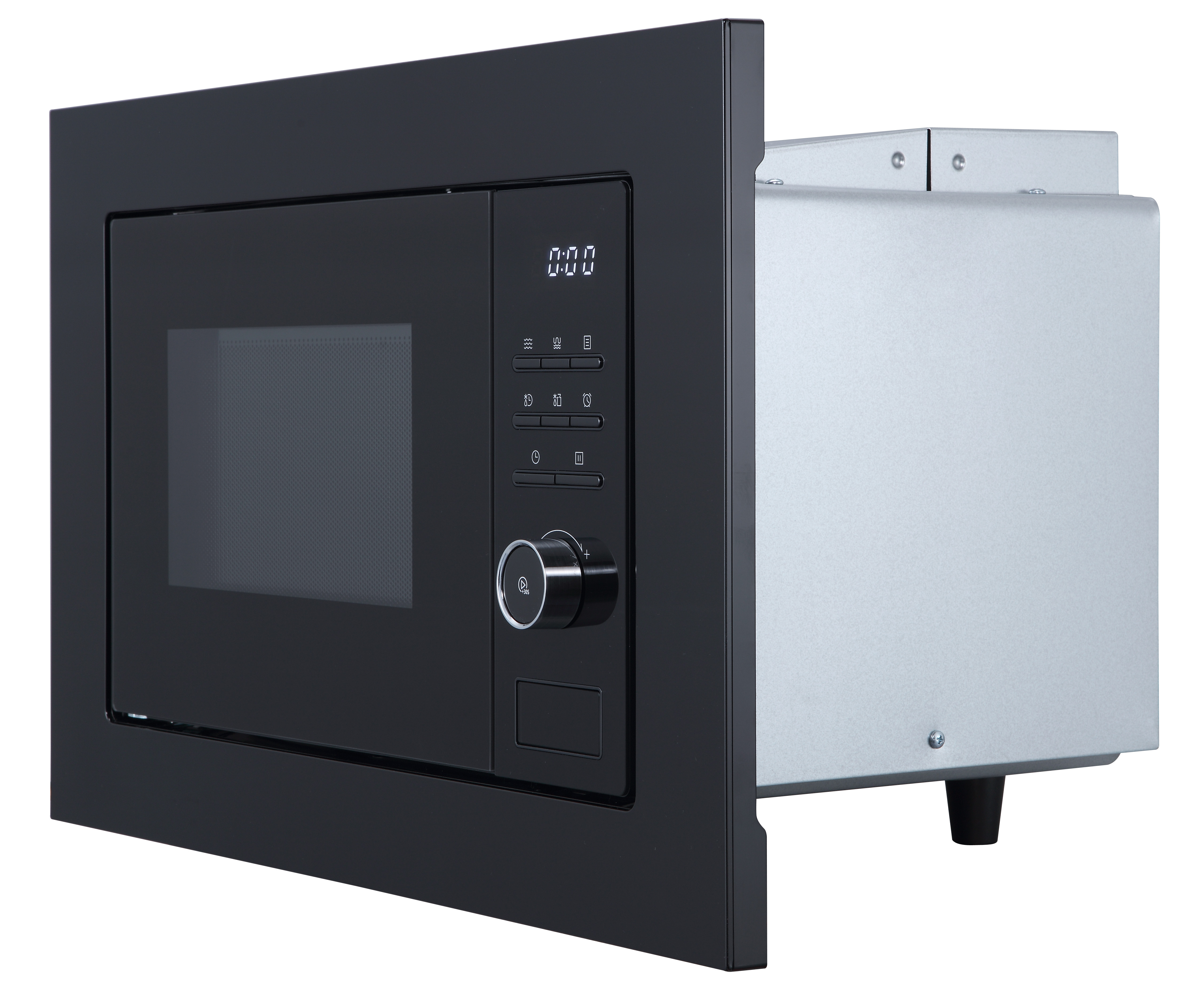 Kuchenka mikrofalowa do zabudowy z czarnym panelem, wyświetlaczem cyfrowym i pokrętłem.