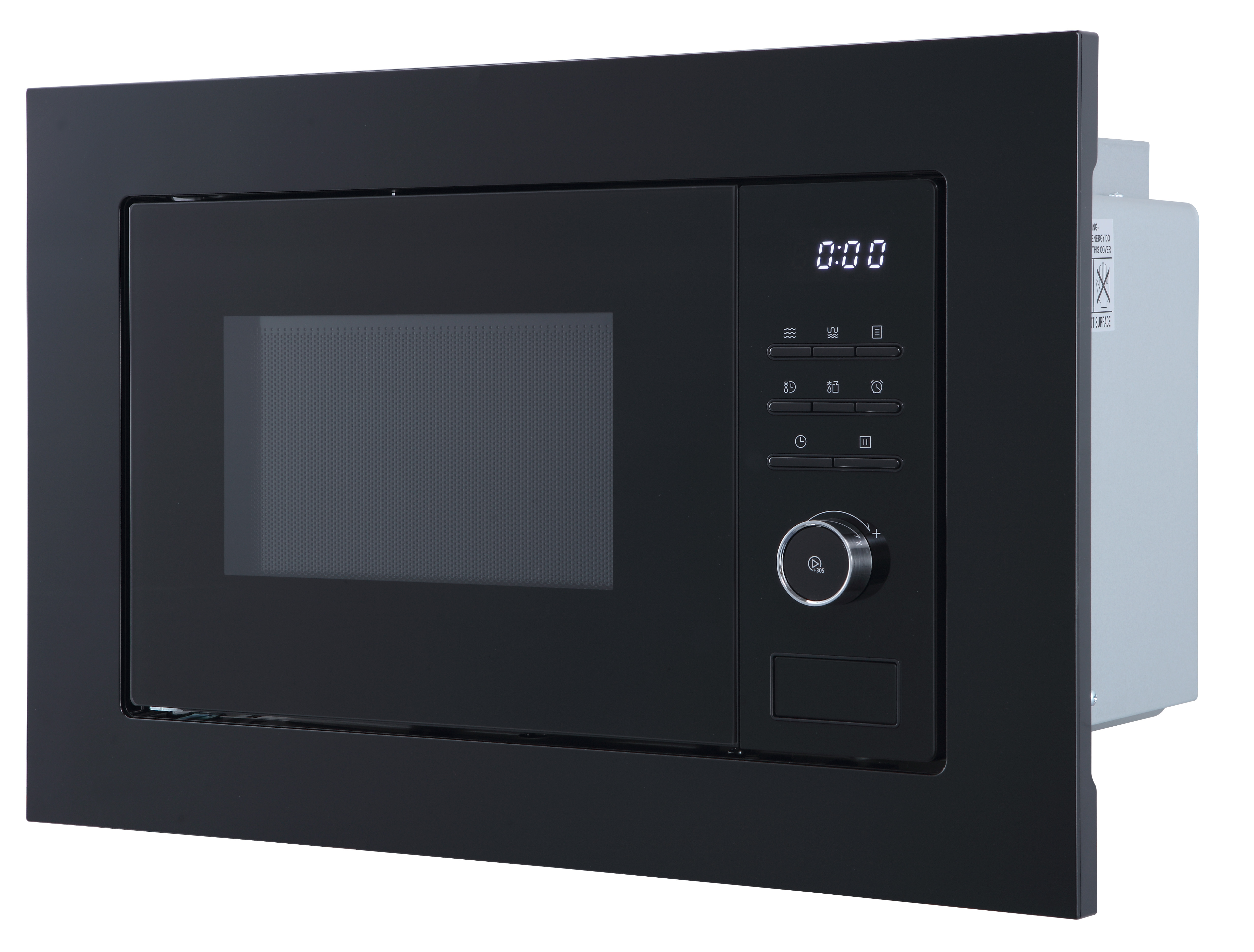 Czarna kuchenka mikrofalowa do zabudowy z cyfrowym wyświetlaczem i przyciskami.