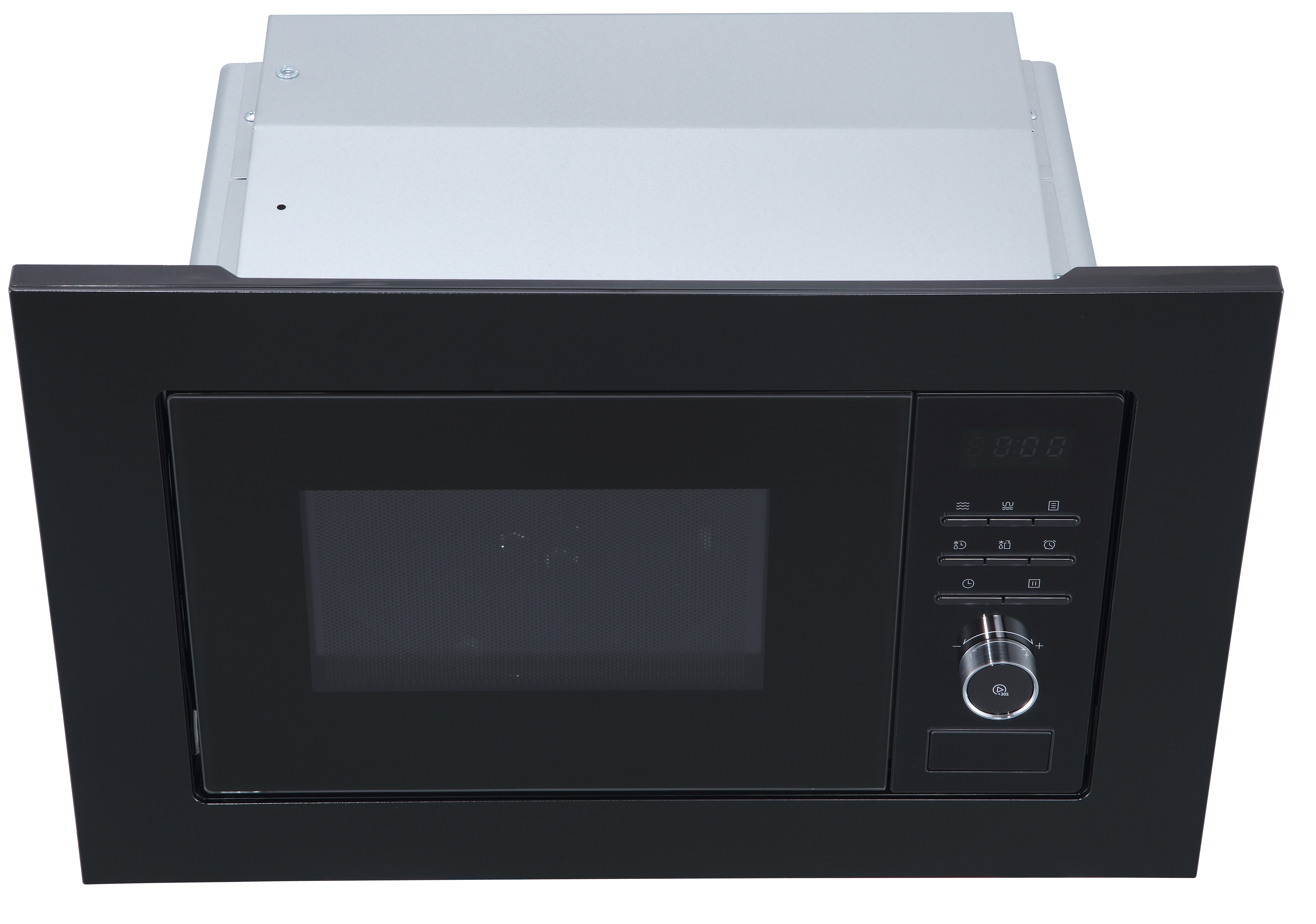 Czarna kuchenka mikrofalowa do zabudowy z panelem sterowania i metalową obudową.