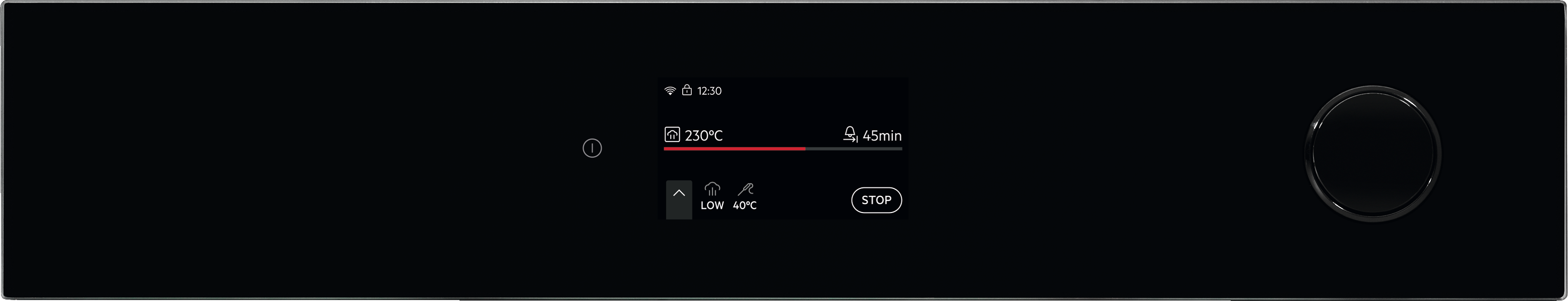Wyświetlacz pokazuje 230°C i 45min. Funkcja pary w 40°C.