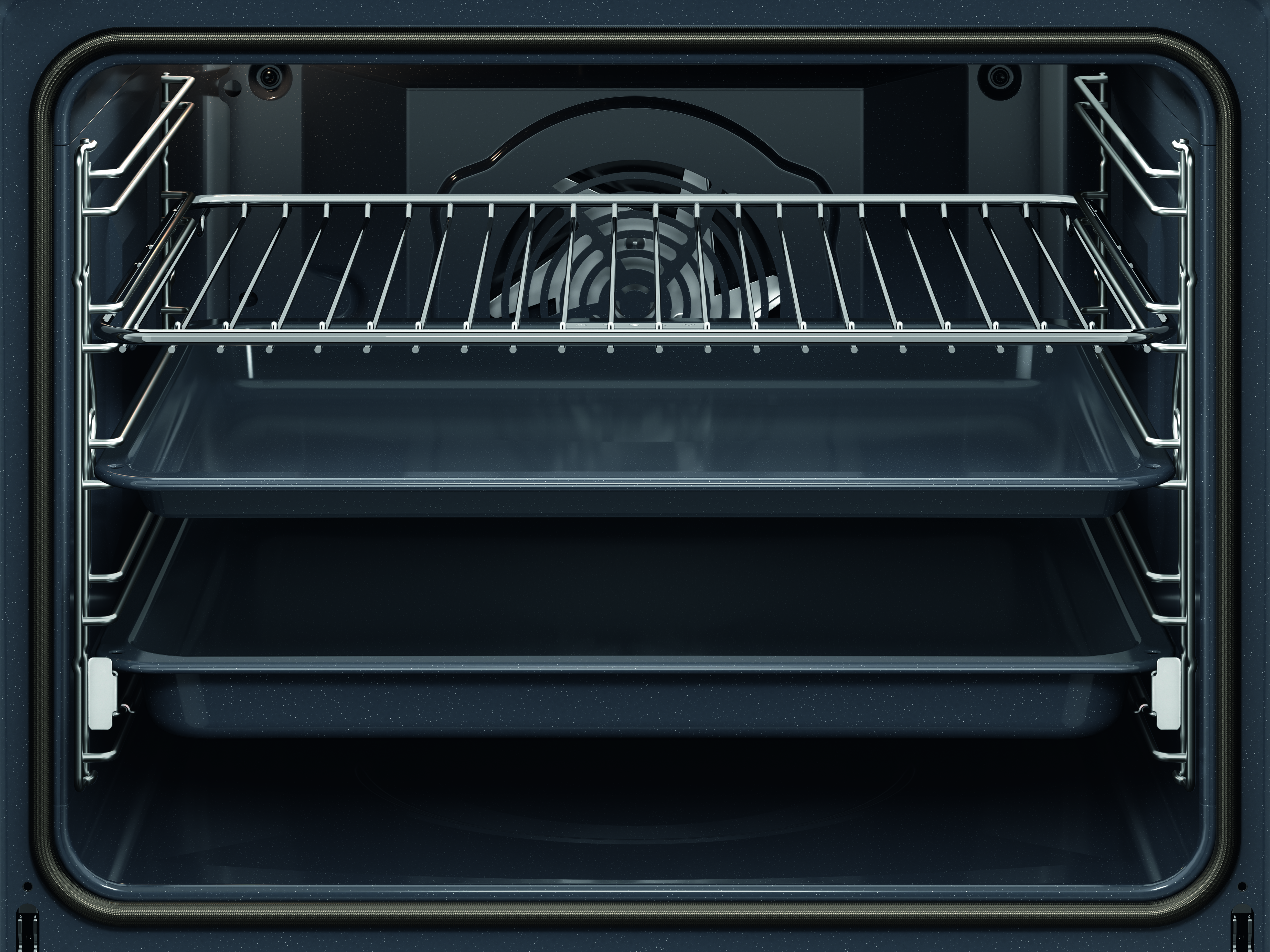 Wnętrze piekarnika z trzema rusztami i wentylatorem.