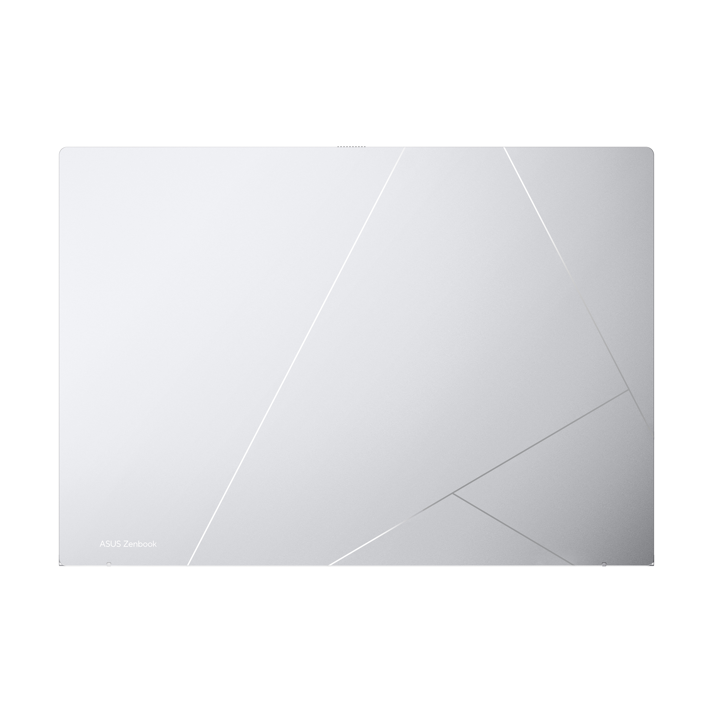 ASUS Zenbook logolu, geometrik çizgili gümüş bir dizüstü bilgisayar.
