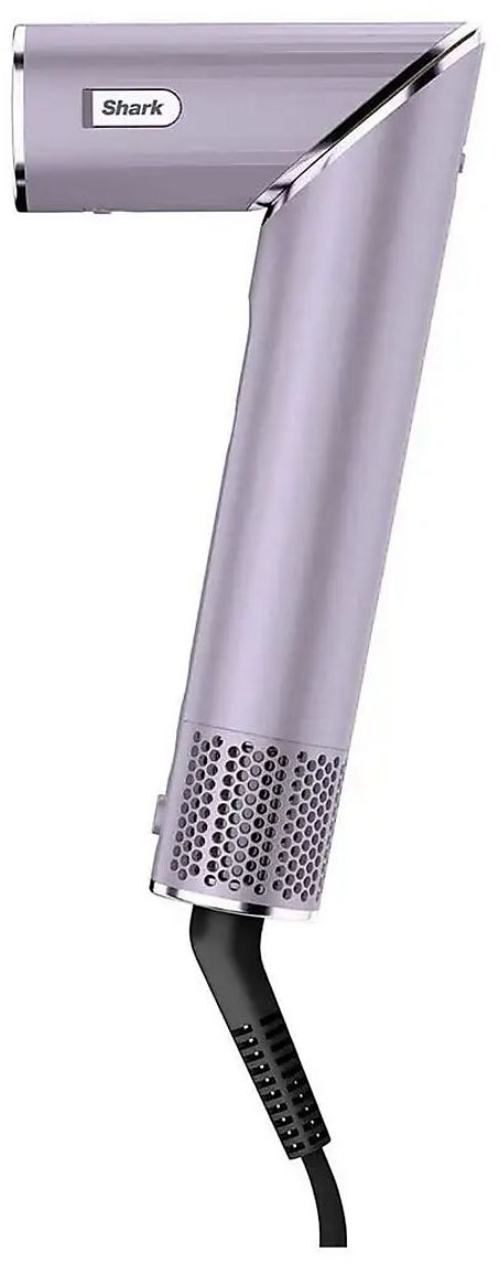 Un sèche-cheveux violet avec des accents argentés et des aérations.