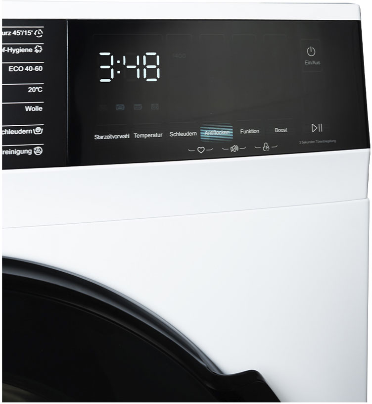 Display lavatrice con ora 3:48 e selezione programma.