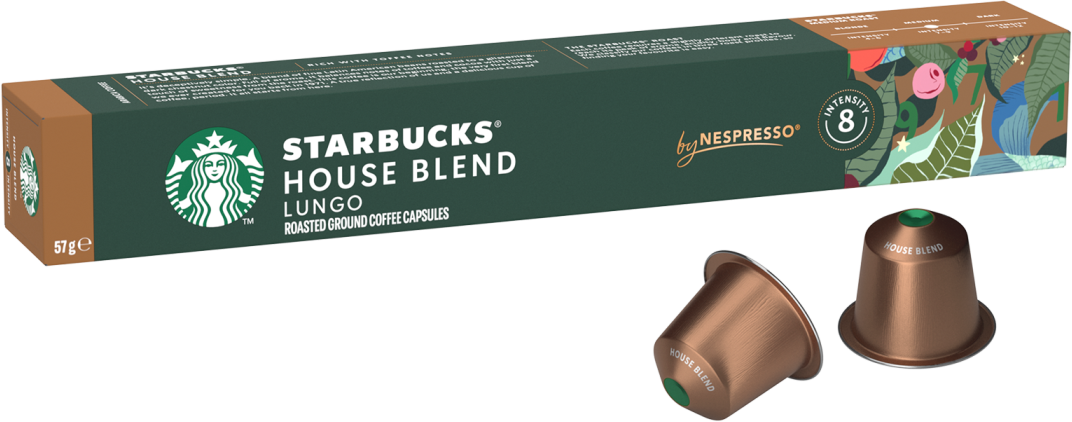 Capsules de café Starbucks House Blend Lungo avec emballage Nespresso et deux capsules.
