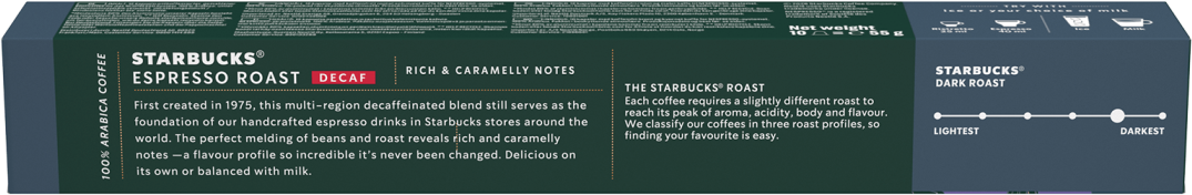 Caffè Starbucks Espresso Roast Decaf con note ricche e caramellate. Tostatura scura.