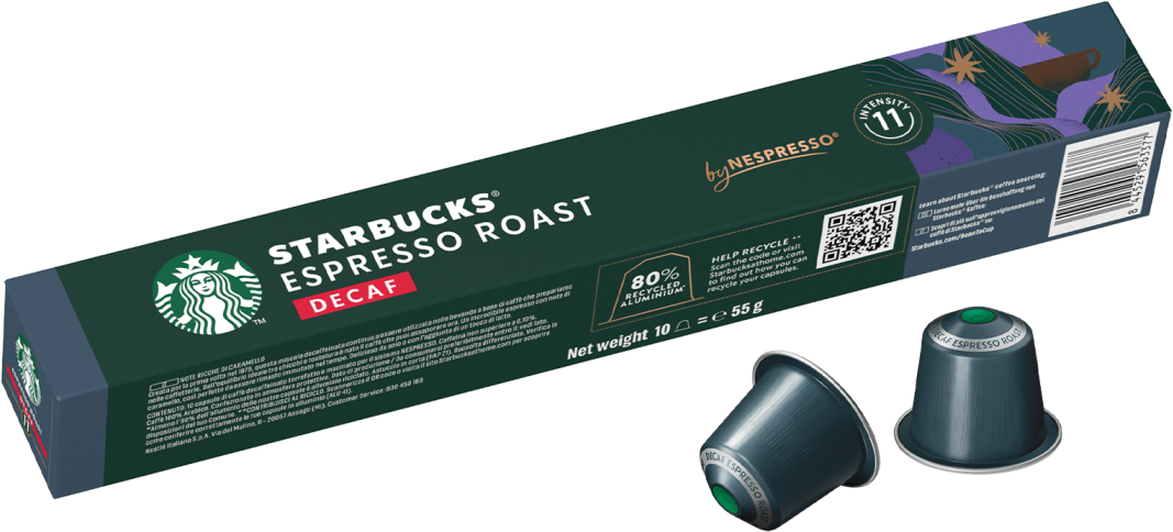 Scatola Nespresso Starbucks Espresso Roast Decaf con due capsule accanto.