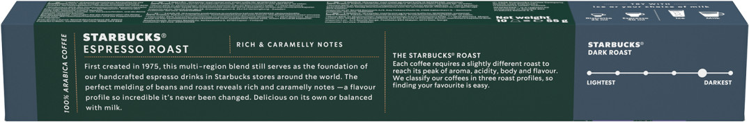 Caffè Starbucks Espresso Roast con note ricche e caramellate. Tostatura scura con scala di tostatura.