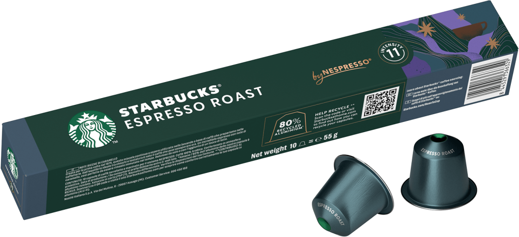 Capsule caffè Starbucks Espresso Roast su sfondo scuro, due capsule davanti.