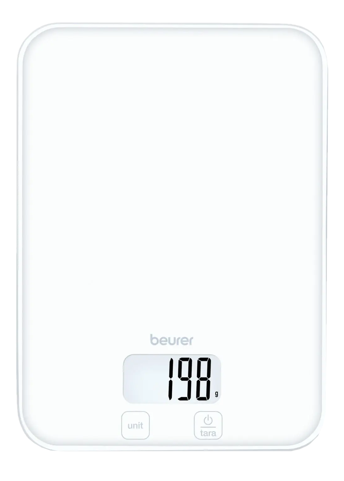 Weiße Küchenwaage mit digitaler Anzeige, die 198g anzeigt.